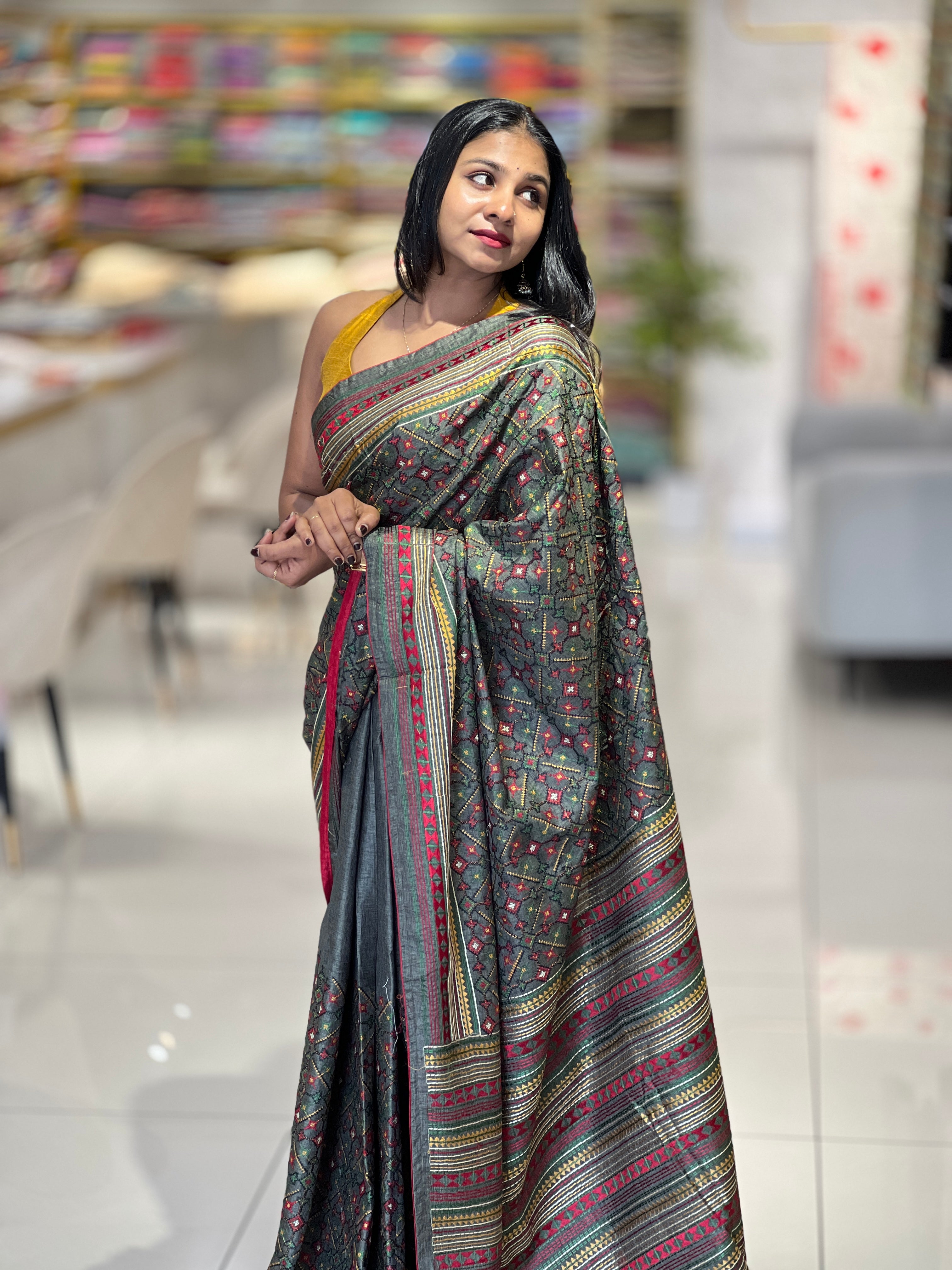 Multi-Colour Thread Embroidery Detailed Tussar Finish Saree | SUN498