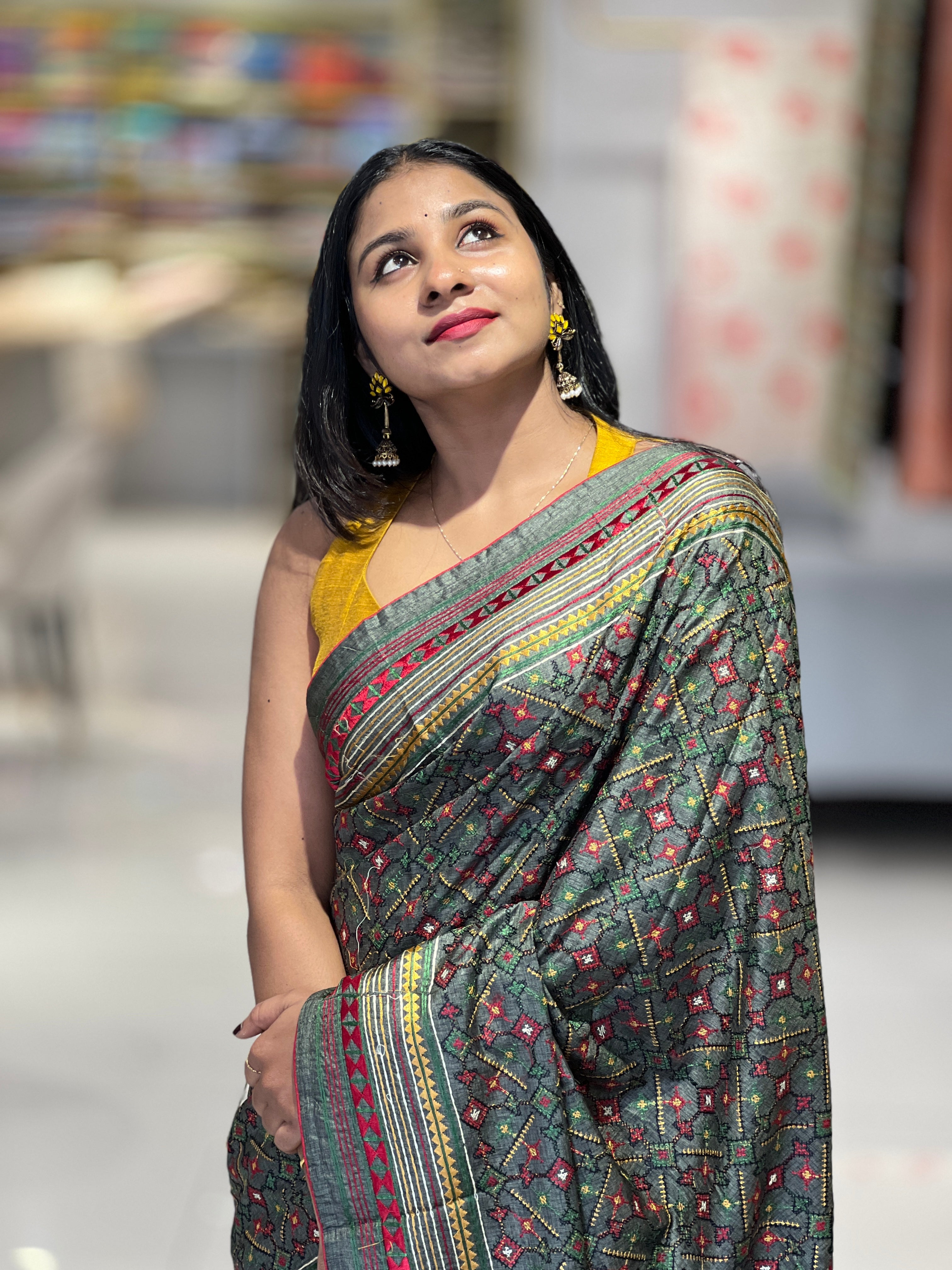 Multi-Colour Thread Embroidery Detailed Tussar Finish Saree | SUN498