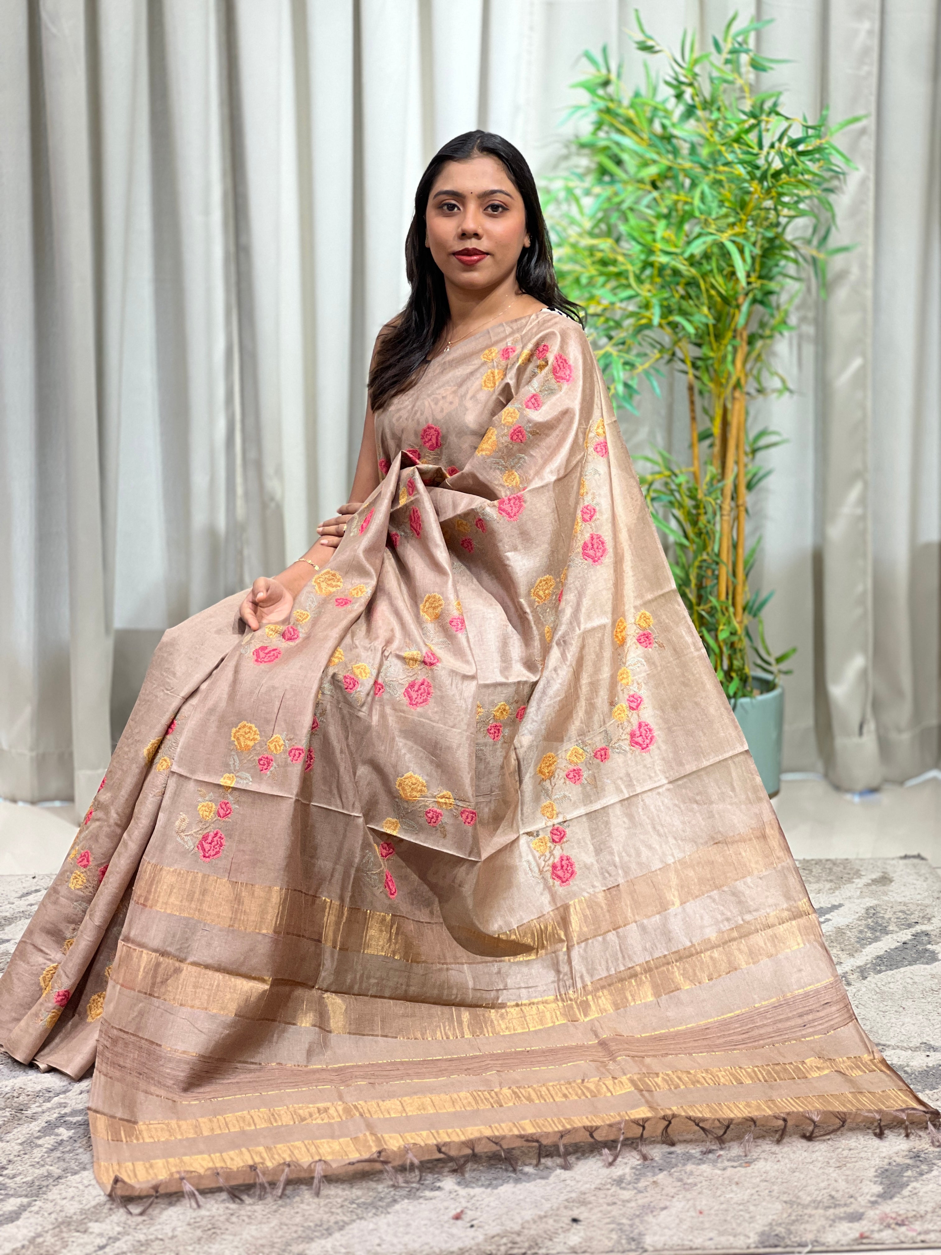 Cross Stitch Embroidery Noil Tussar Saree | HS1423