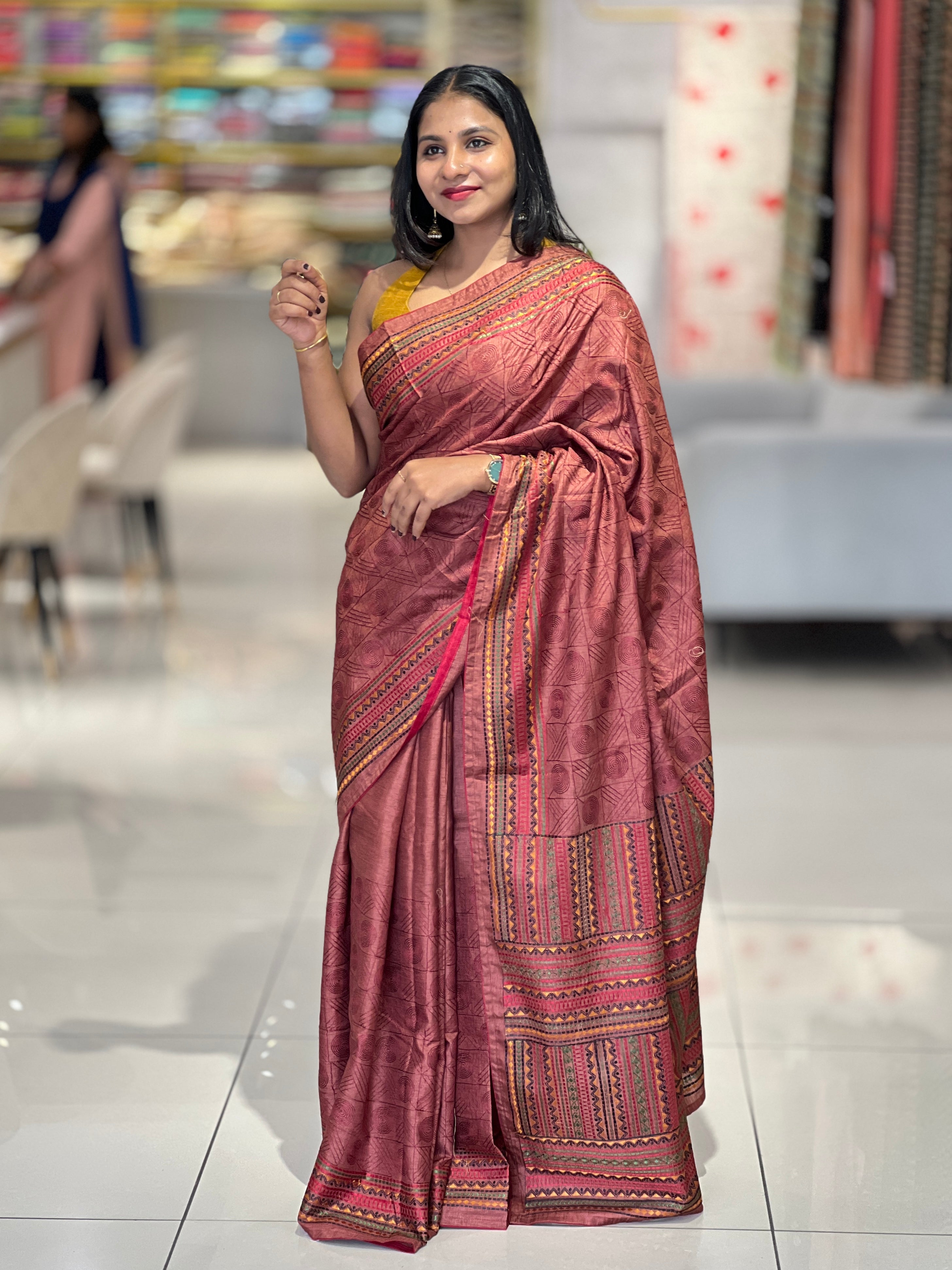 Thread Embroidery Geometric Patterned Tussar Finish Saree | SUN591
