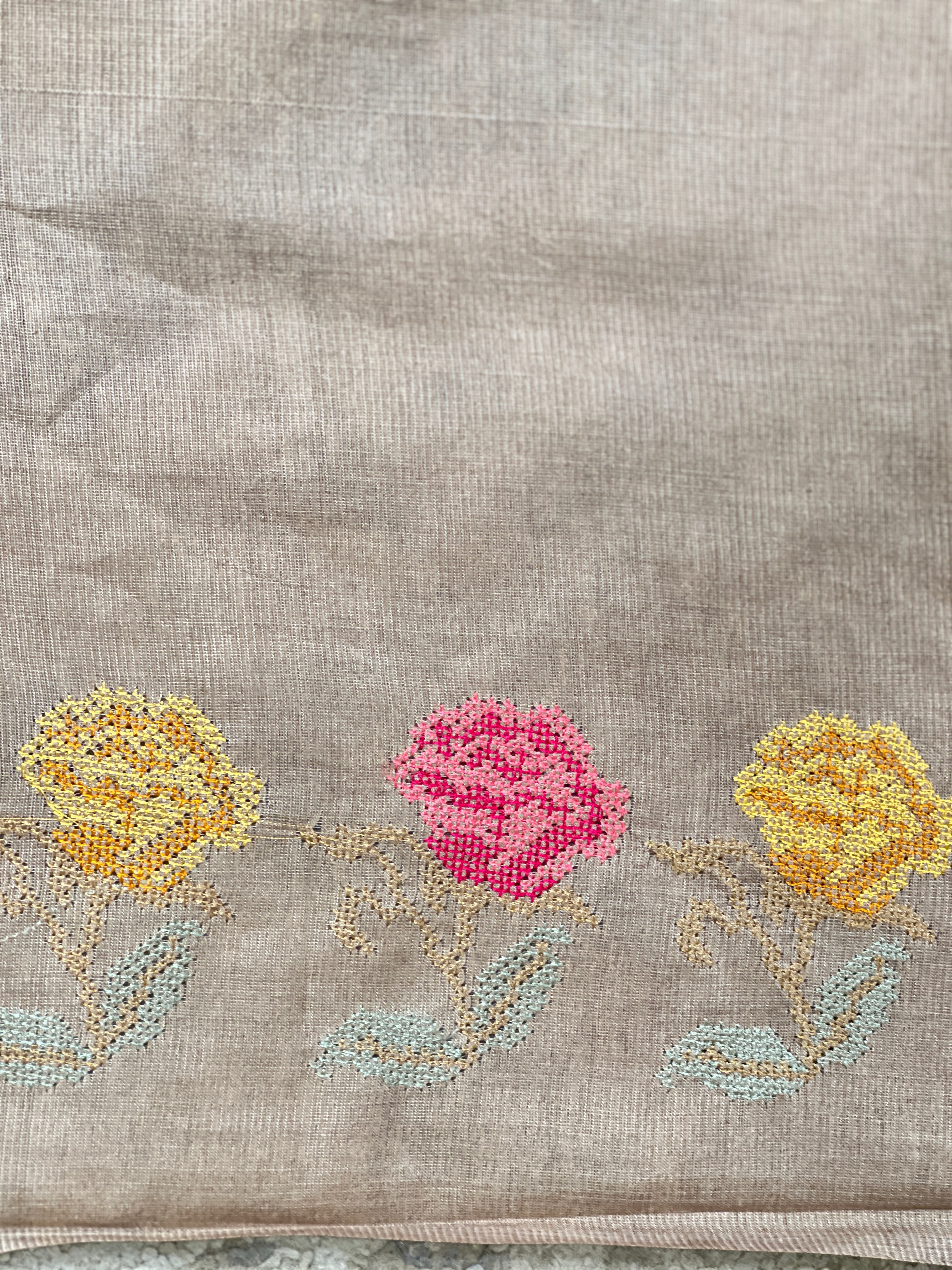 Cross Stitch Embroidery Noil Tussar Saree | HS1423