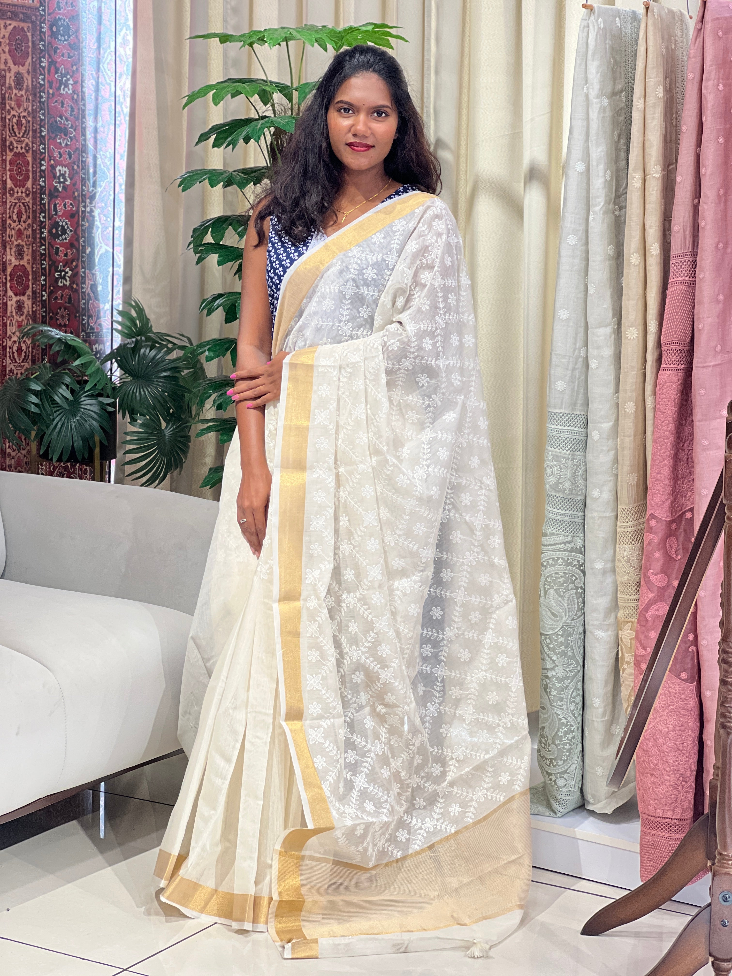 Machine Embroidery Chanderi Finish Saree | MR489