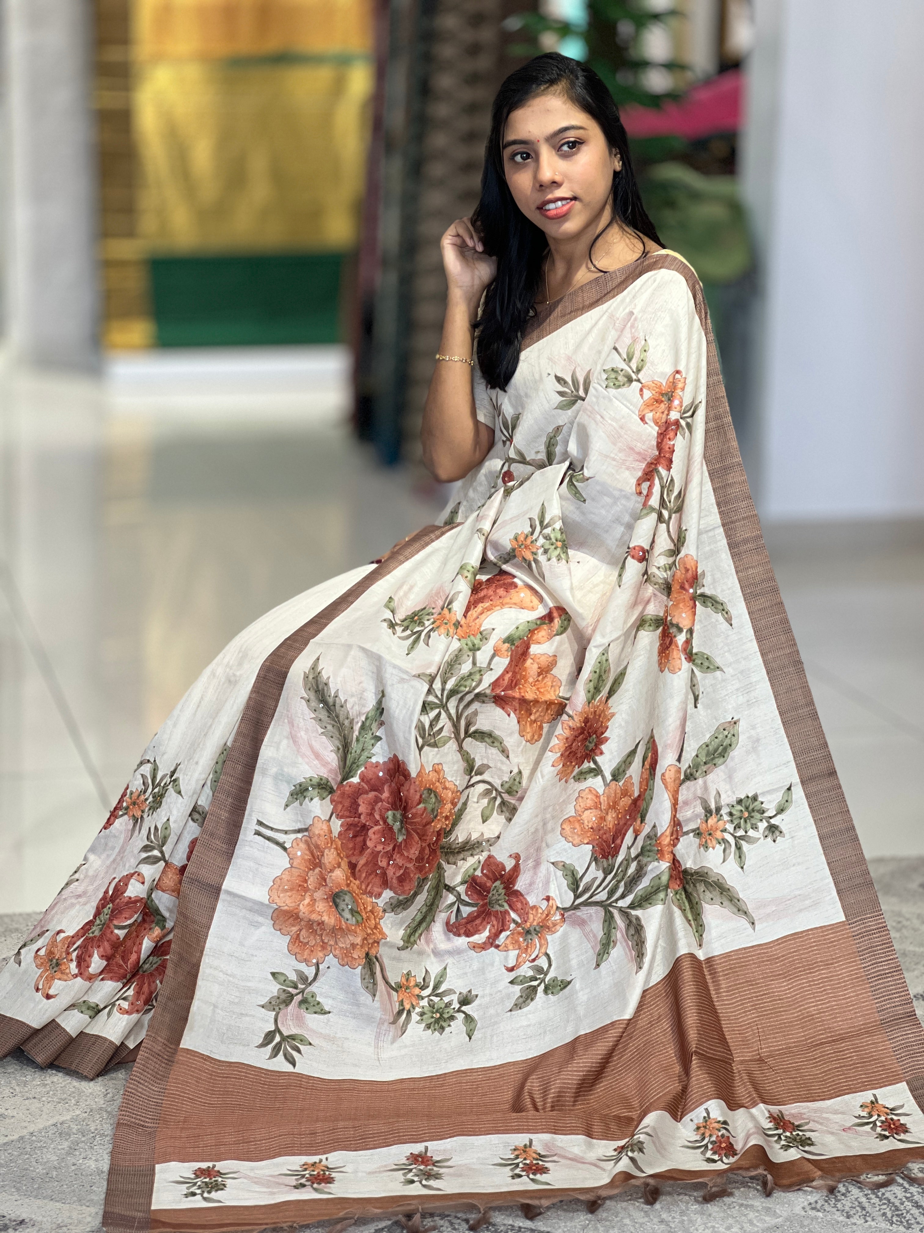Floral Printed Semi Tussar Saree | GMS216