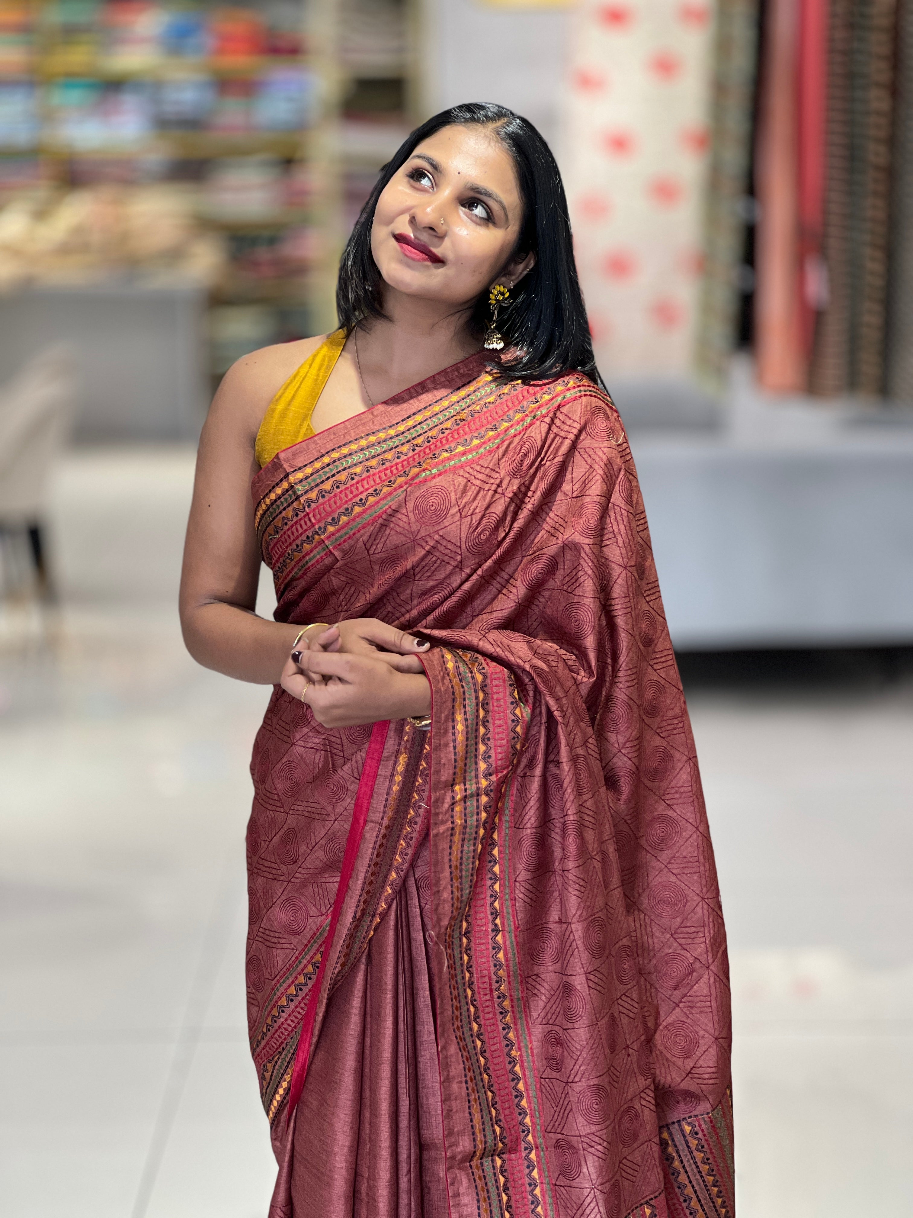 Thread Embroidery Geometric Patterned Tussar Finish Saree | SUN591