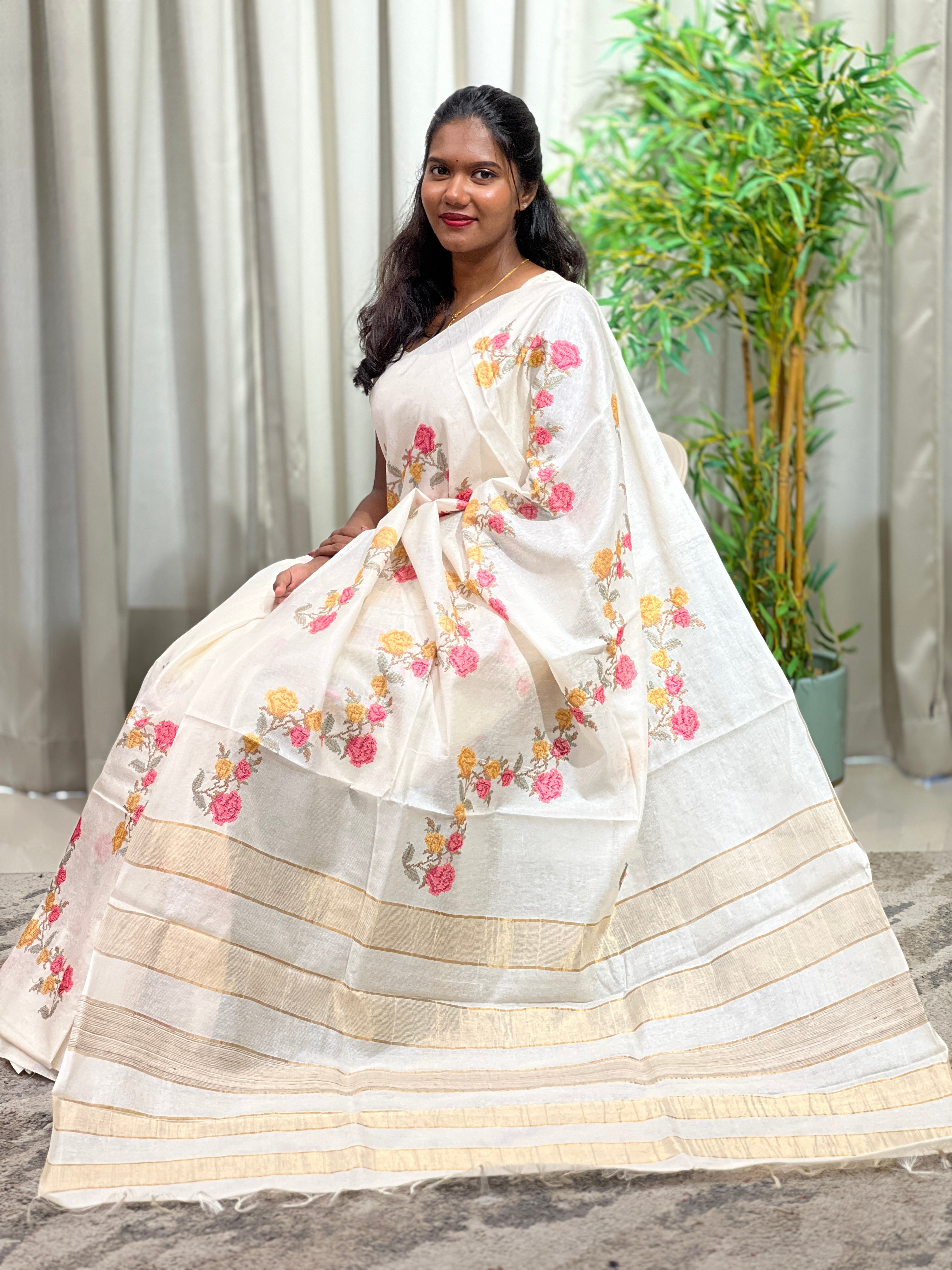 Cross Stitch Embroidery Noil Tussar Saree | HS1421
