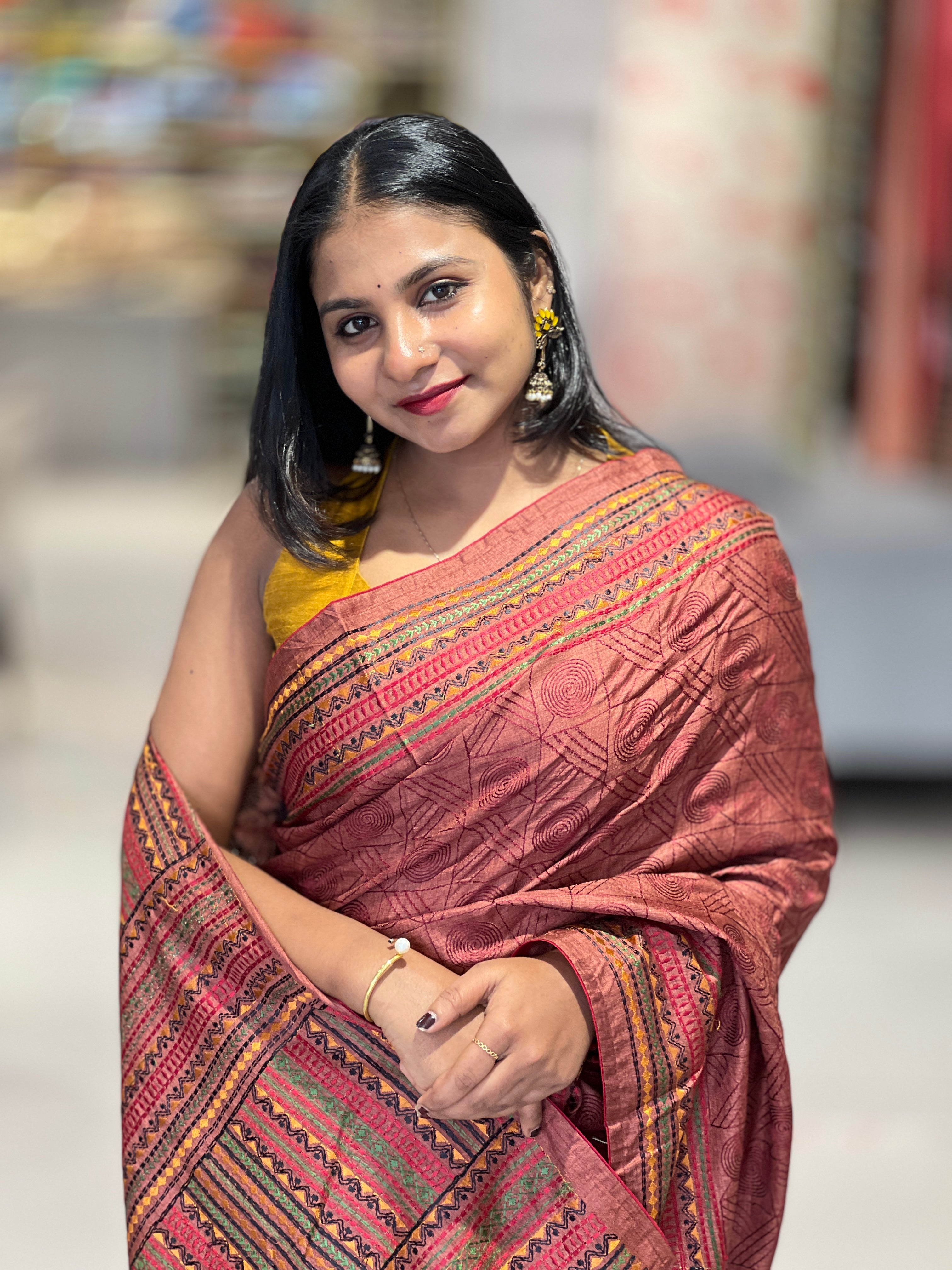 Thread Embroidery Geometric Patterned Tussar Finish Saree | SUN591