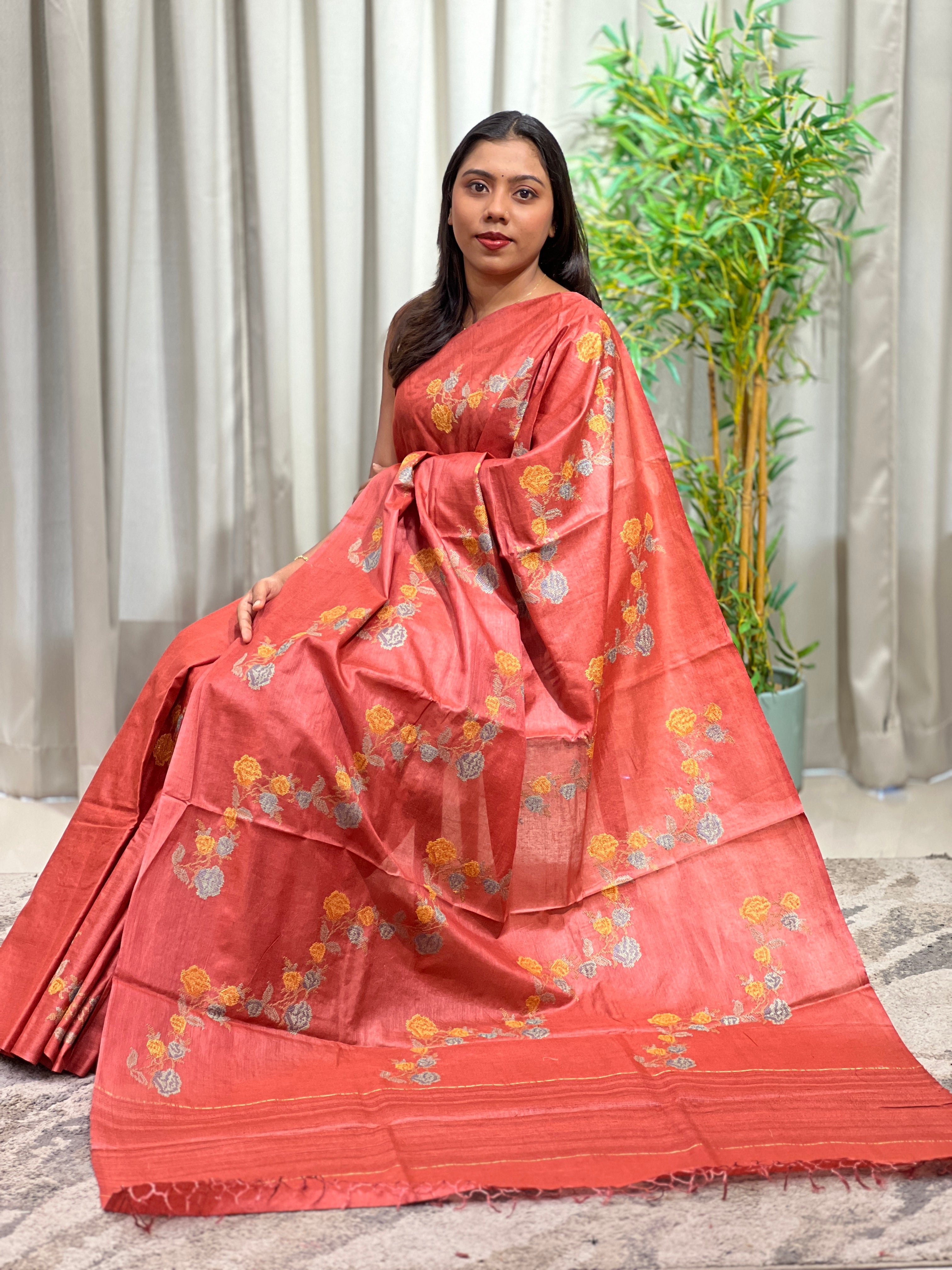 Cross Stitch Embroidery Noil Tussar Saree | HS1420