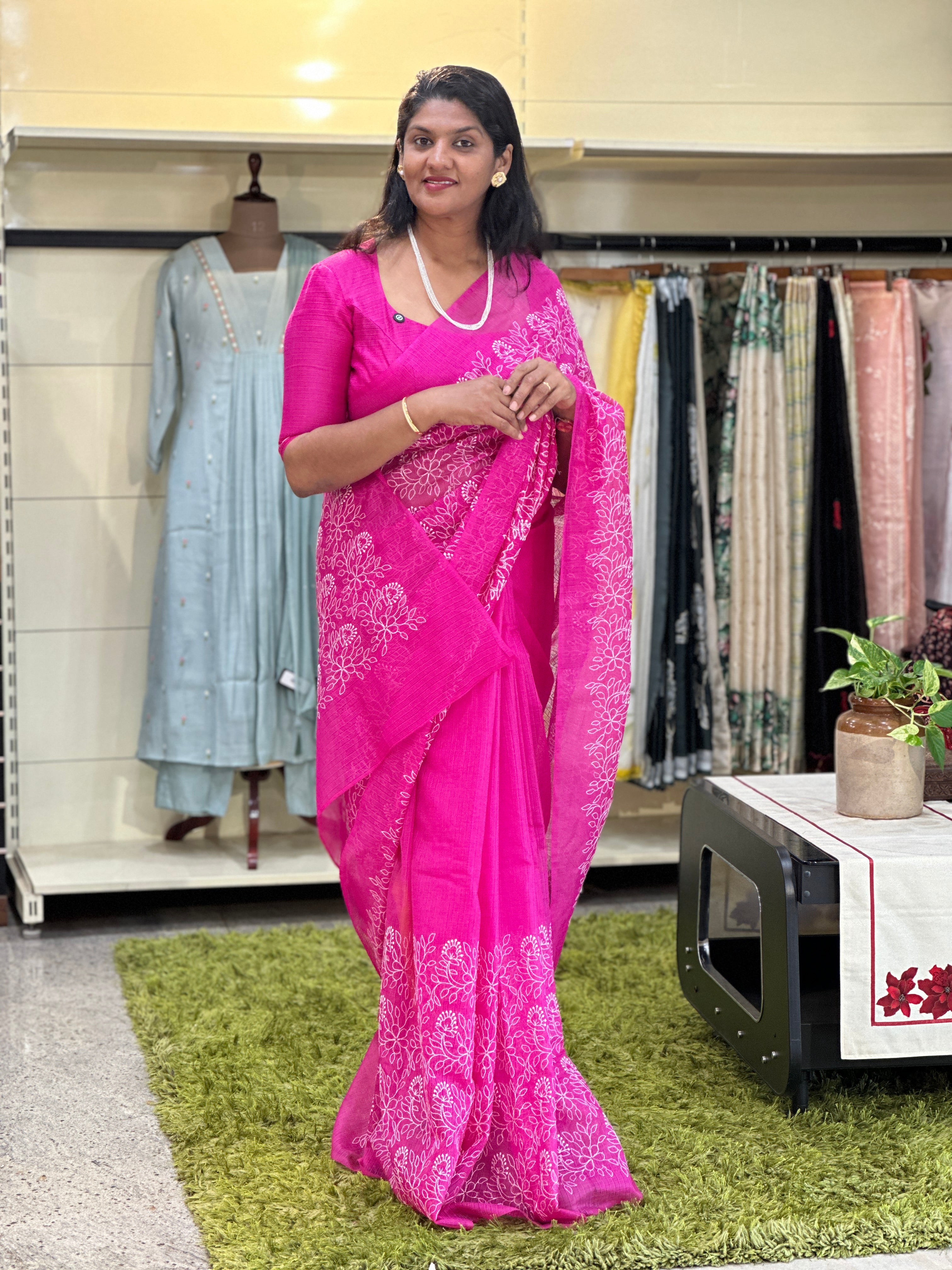 Lucknowi Inspired Thread Embroidery Detailed Kota Saree | NHH603