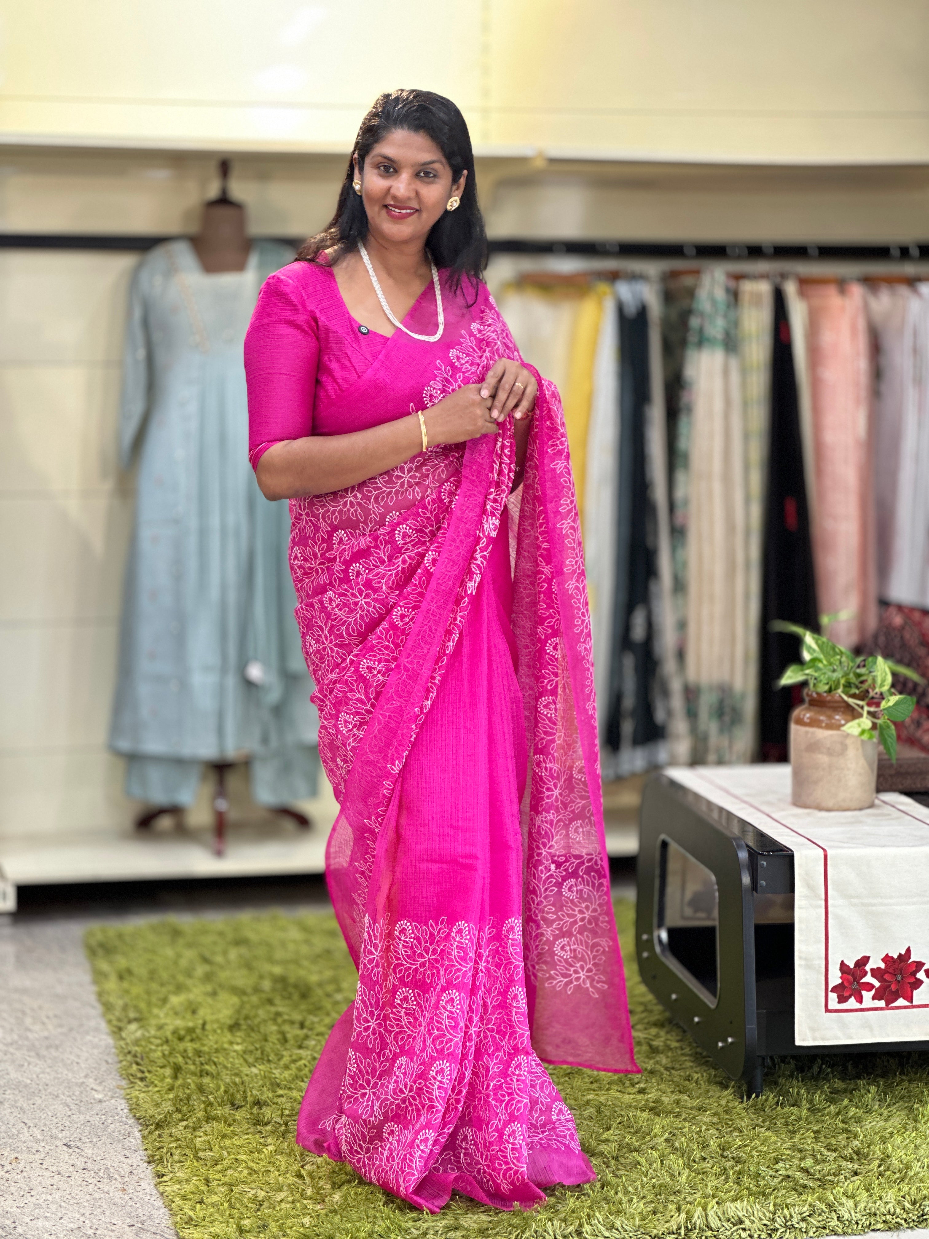 Lucknowi Inspired Thread Embroidery Detailed Kota Saree | NHH603