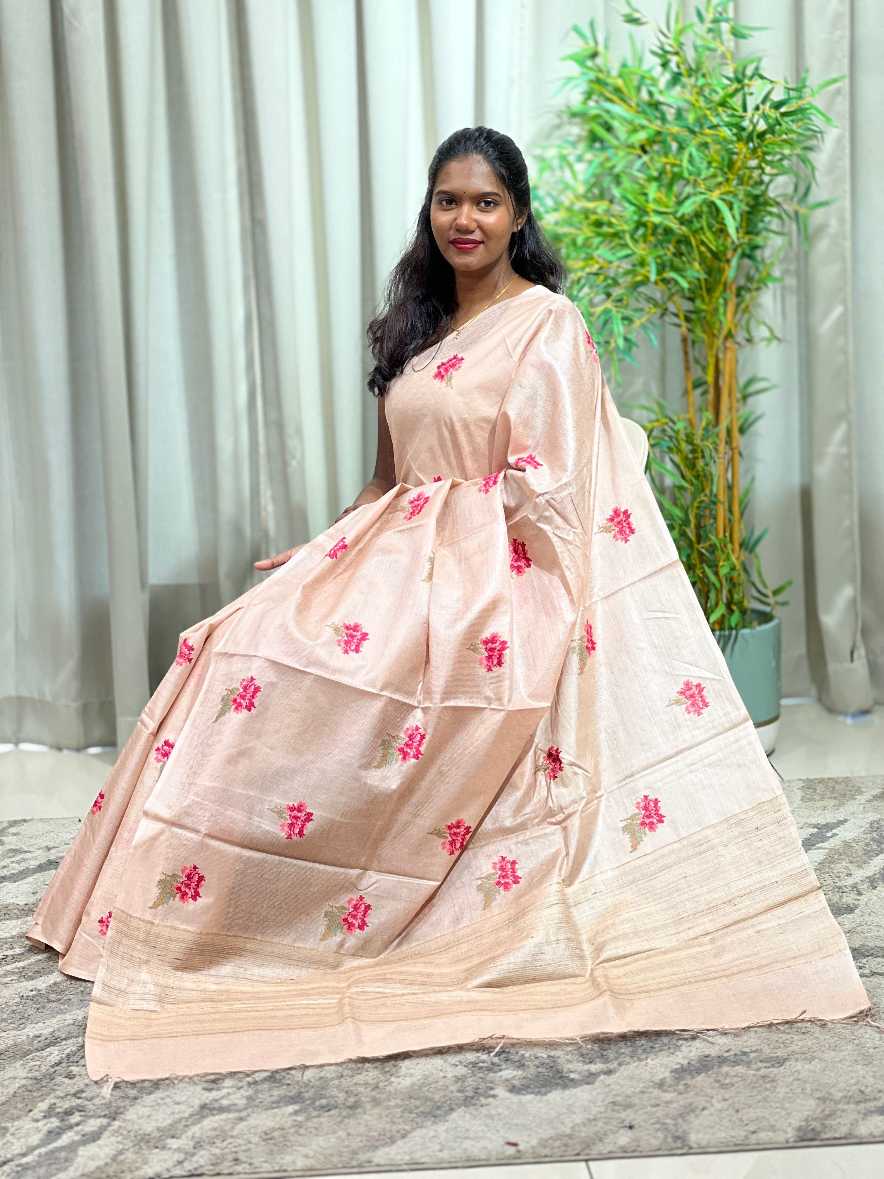 Cross Stitch Embroidery Noil Tussar Saree | HS1429