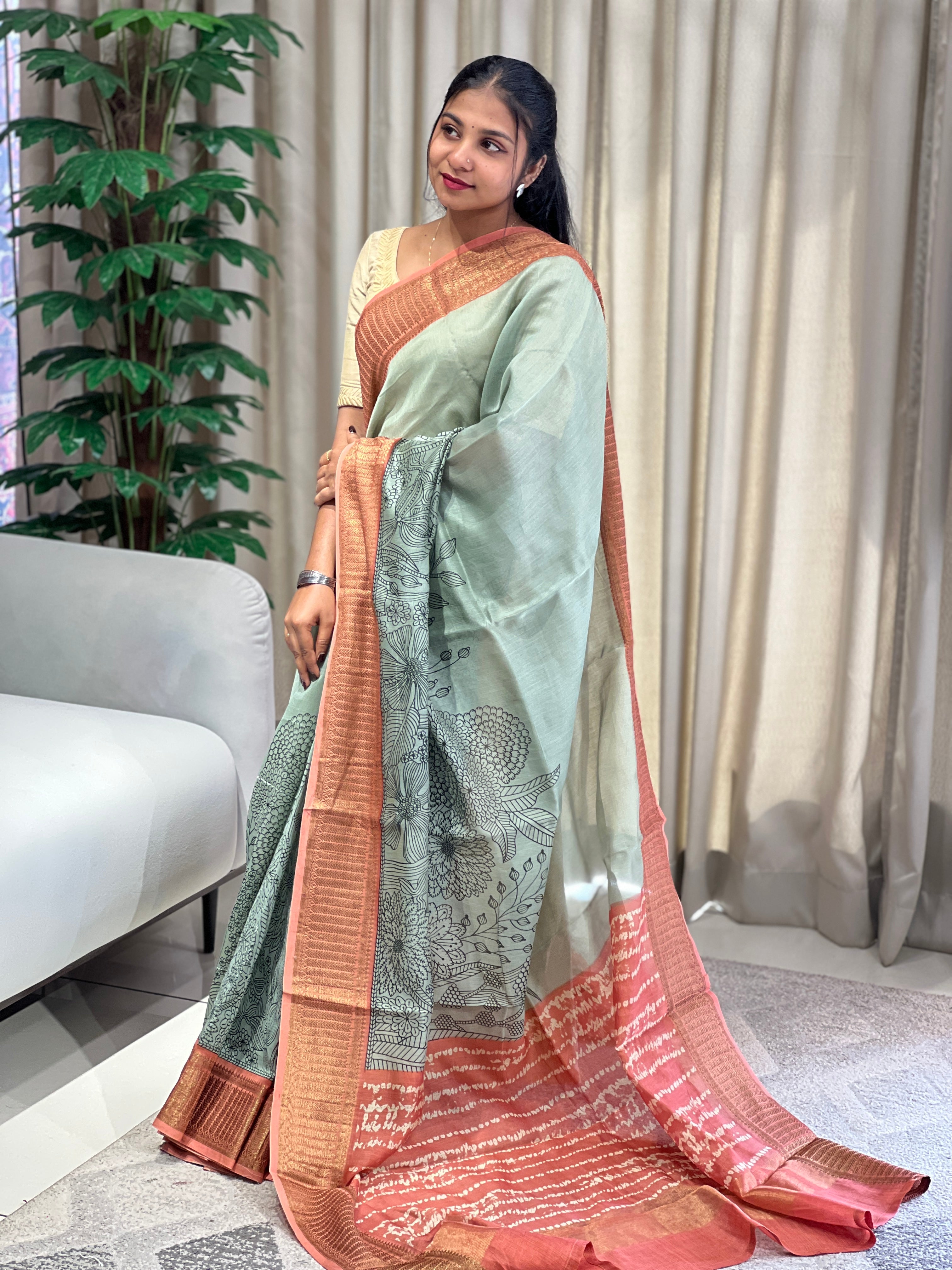 Floral Print & Tie & Dye Detailed Chanderi Saree | RGD799