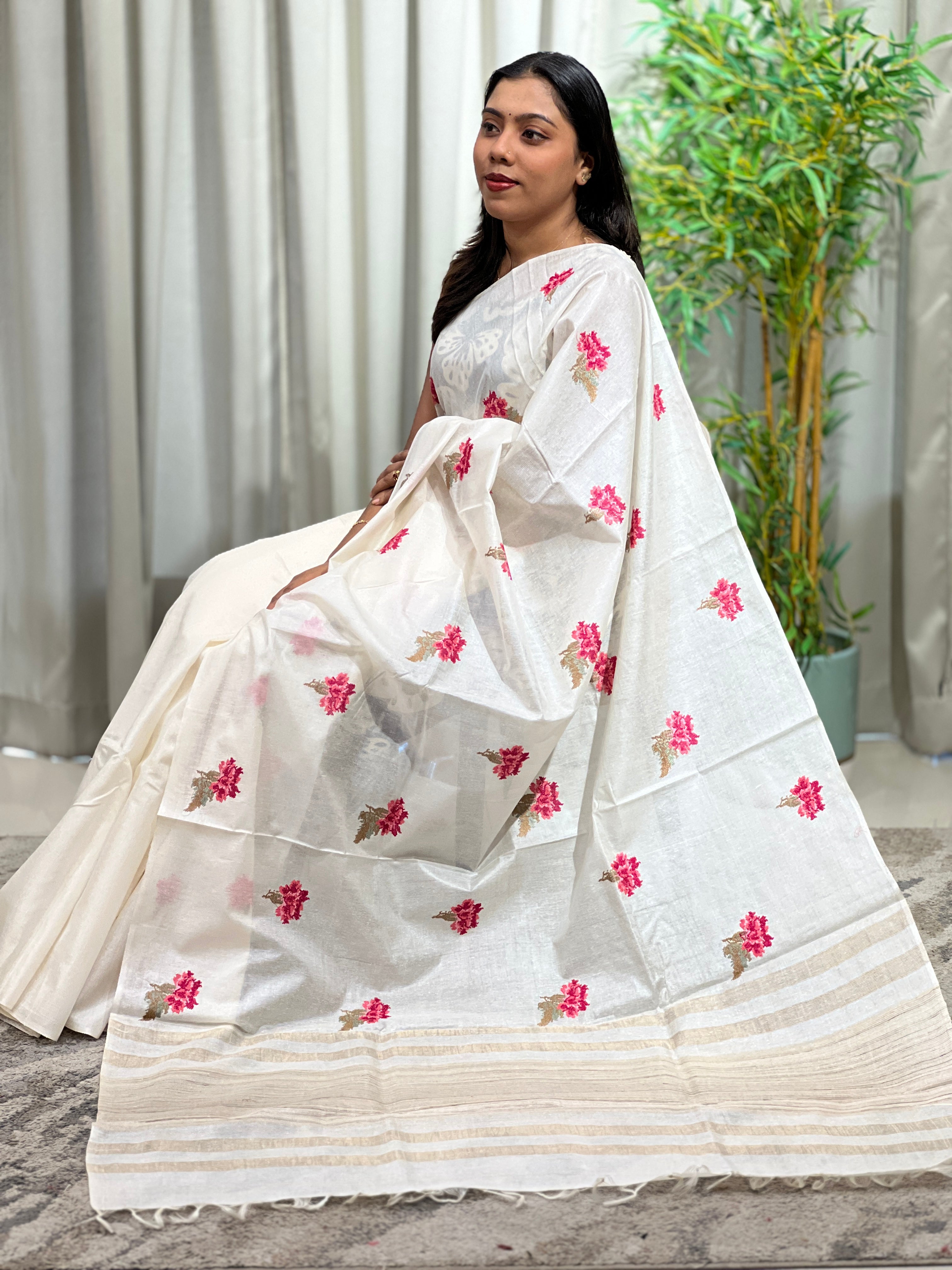 Cross Stitch Embroidery Noil Tussar Saree | HS1433