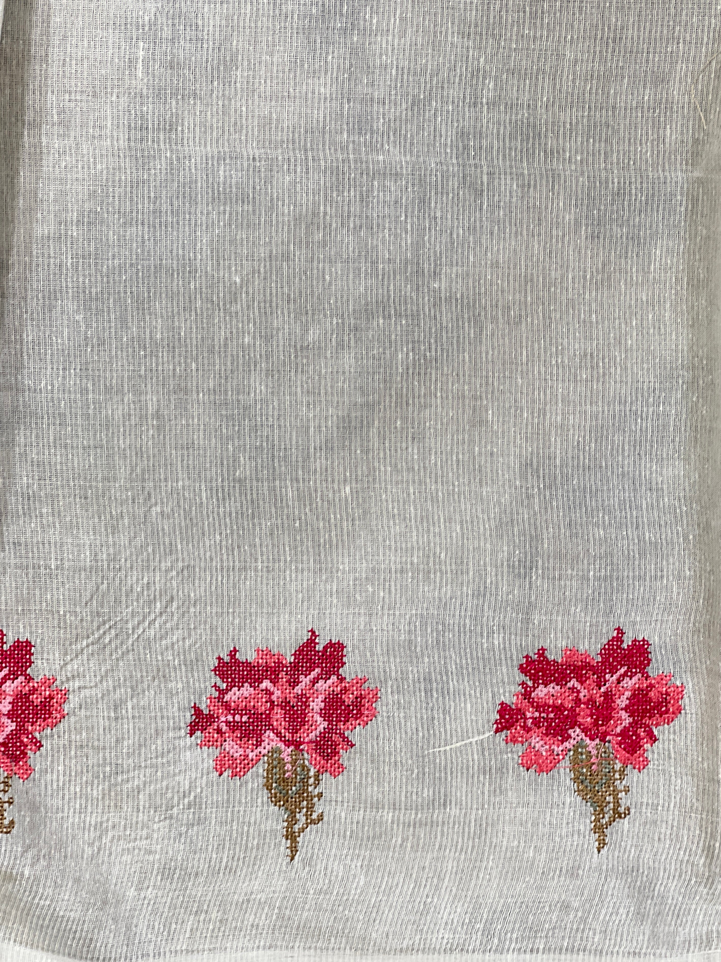 Cross Stitch Embroidery Noil Tussar Saree | HS1433