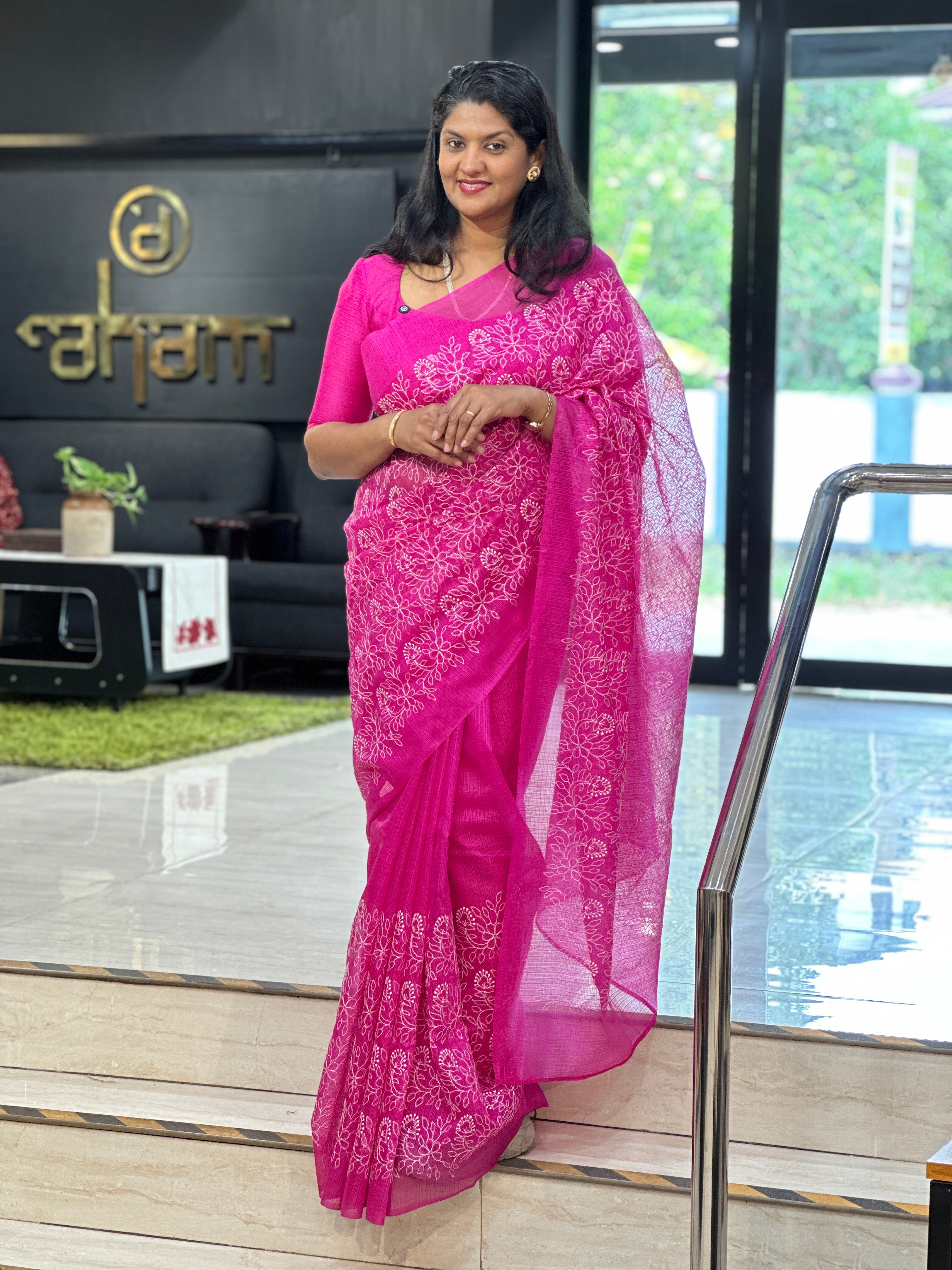 Lucknowi Inspired Thread Embroidery Detailed Kota Saree | NHH603