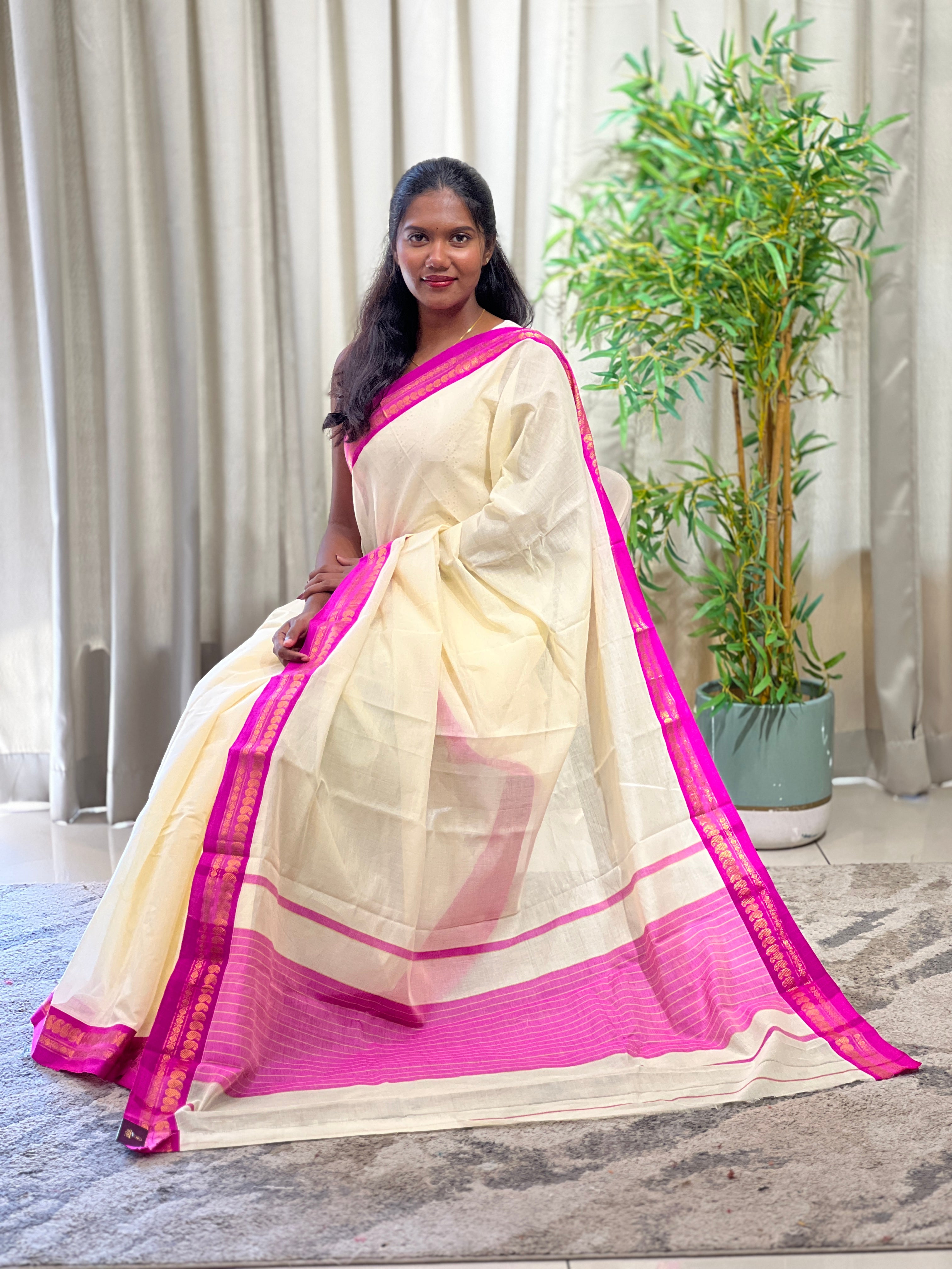 Golden Zari Bordered Kanchi Cotton Saree | GAS131