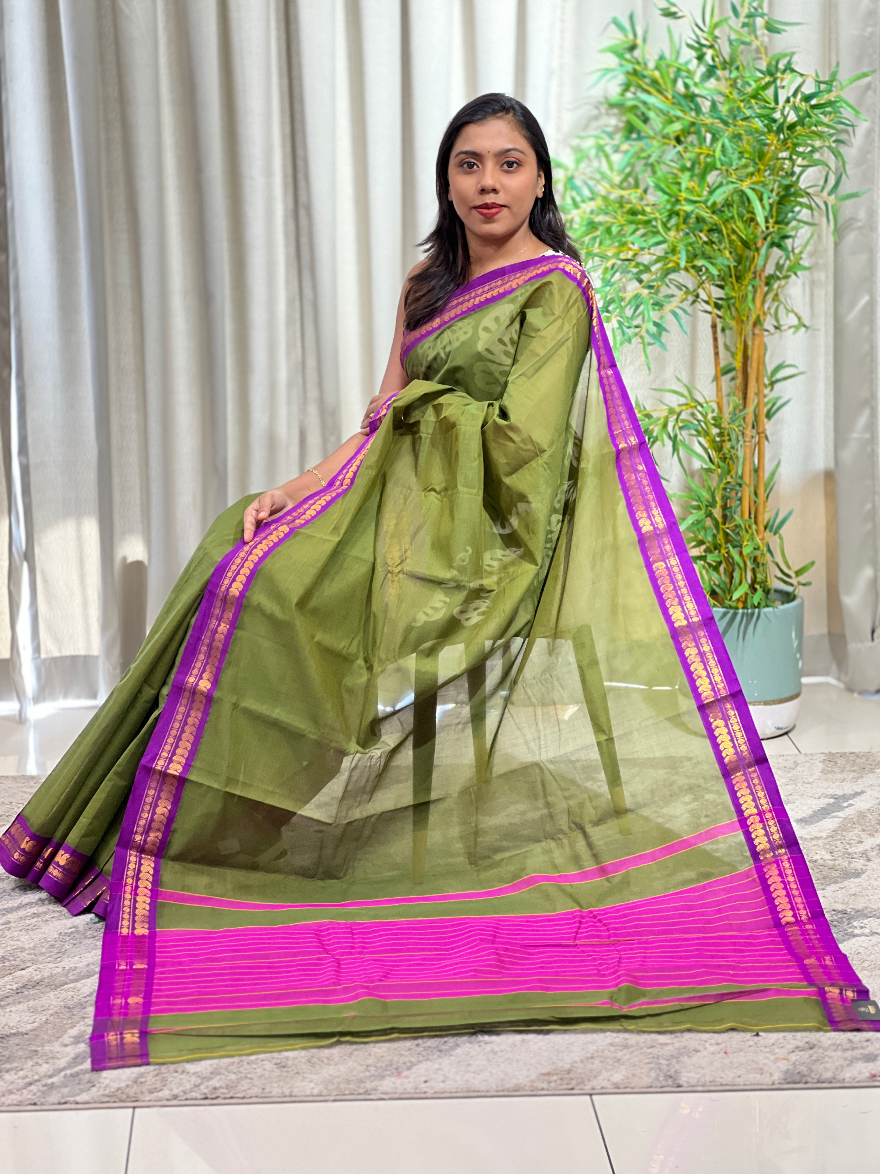 Golden Zari Bordered Kanchi Cotton Saree | GAS134