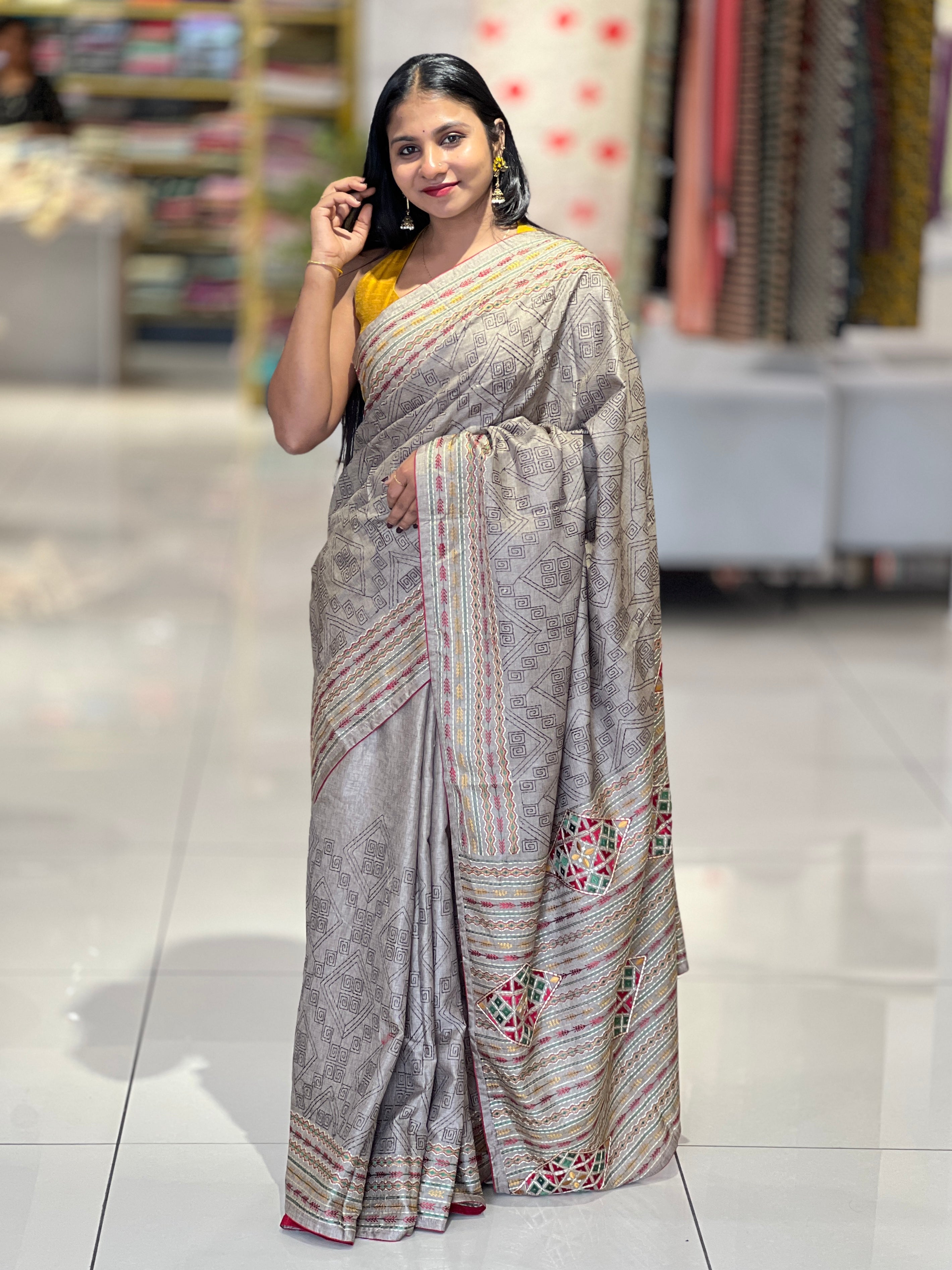 Machine Embroidery Geometric Patterned Semi Tussar Saree | SUN487