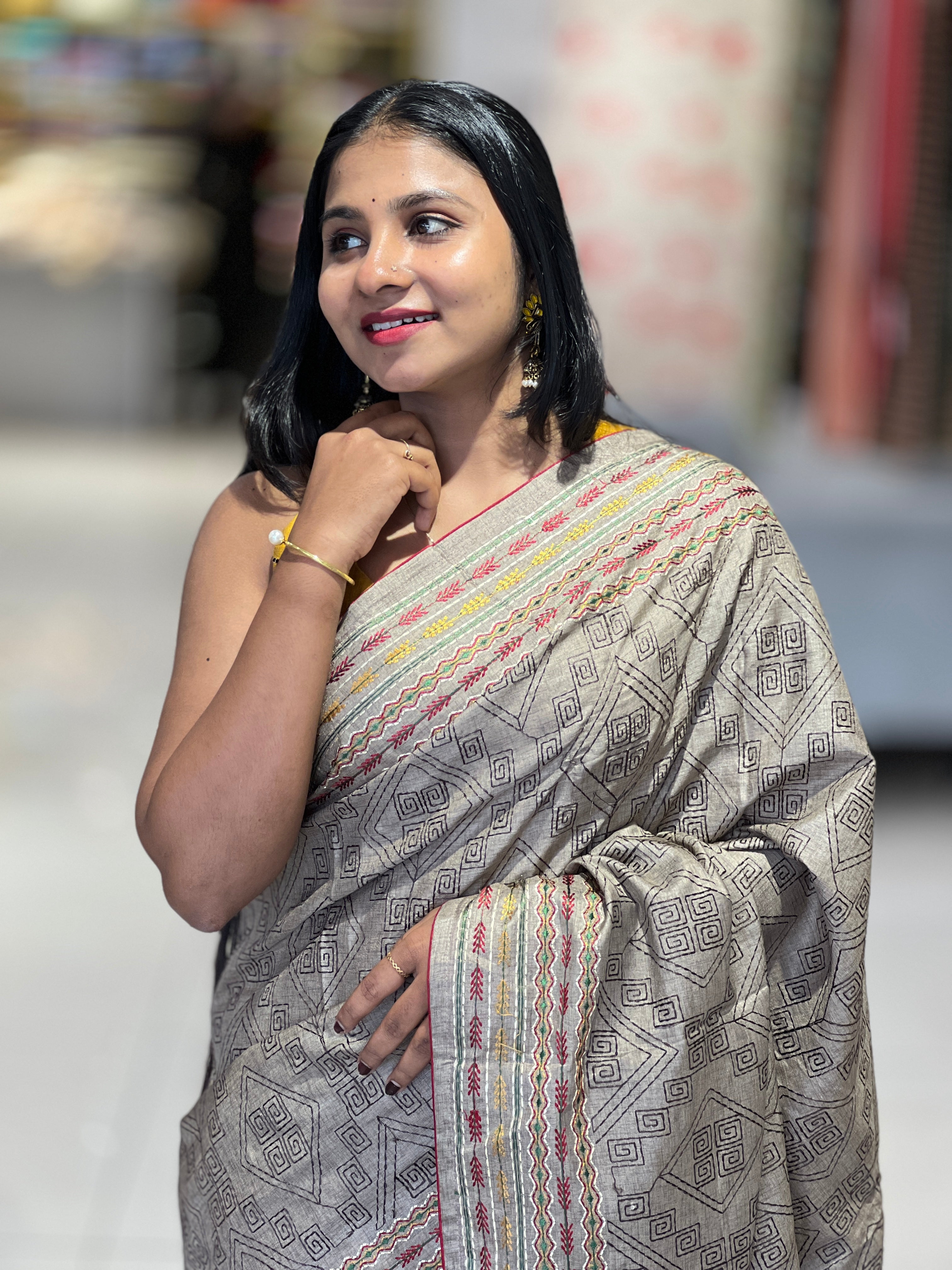 Machine Embroidery Geometric Patterned Semi Tussar Saree | SUN487