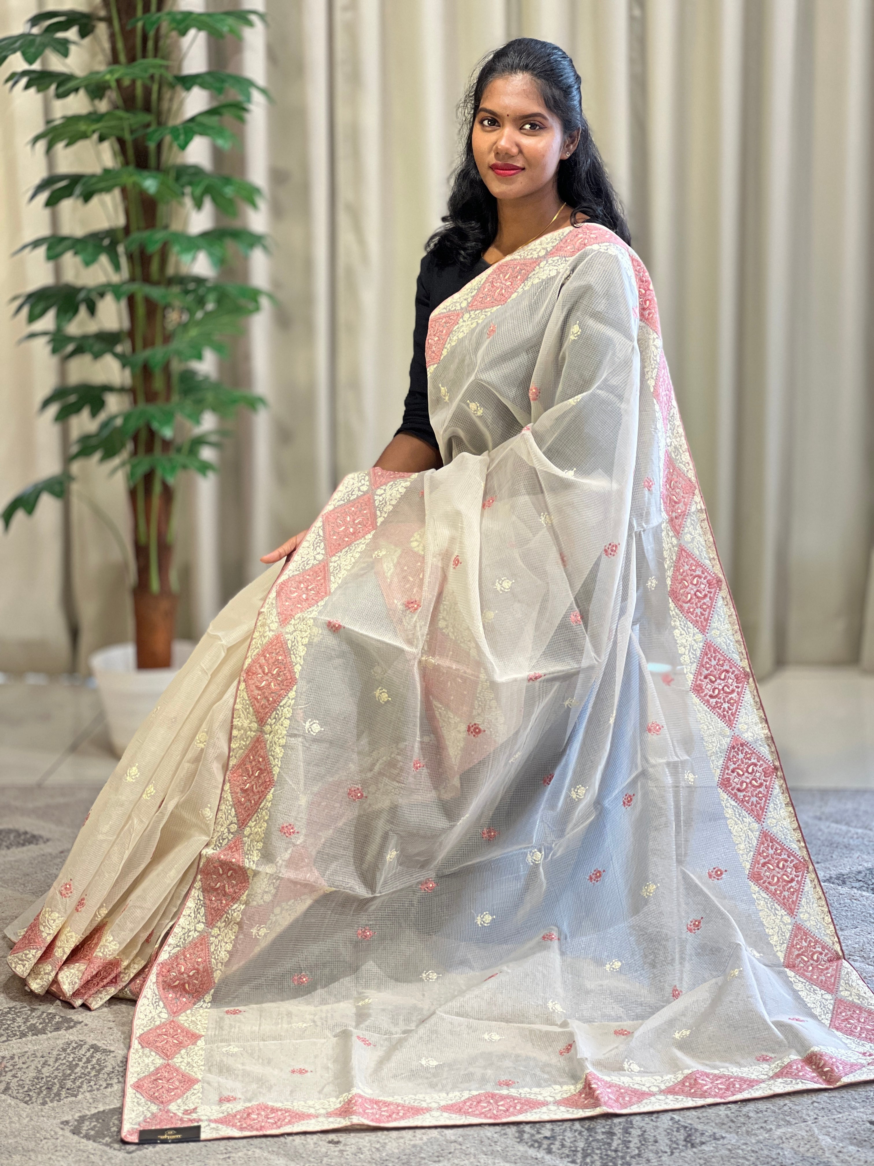 Embroidery Check Organza Finish Saree |BLD1343