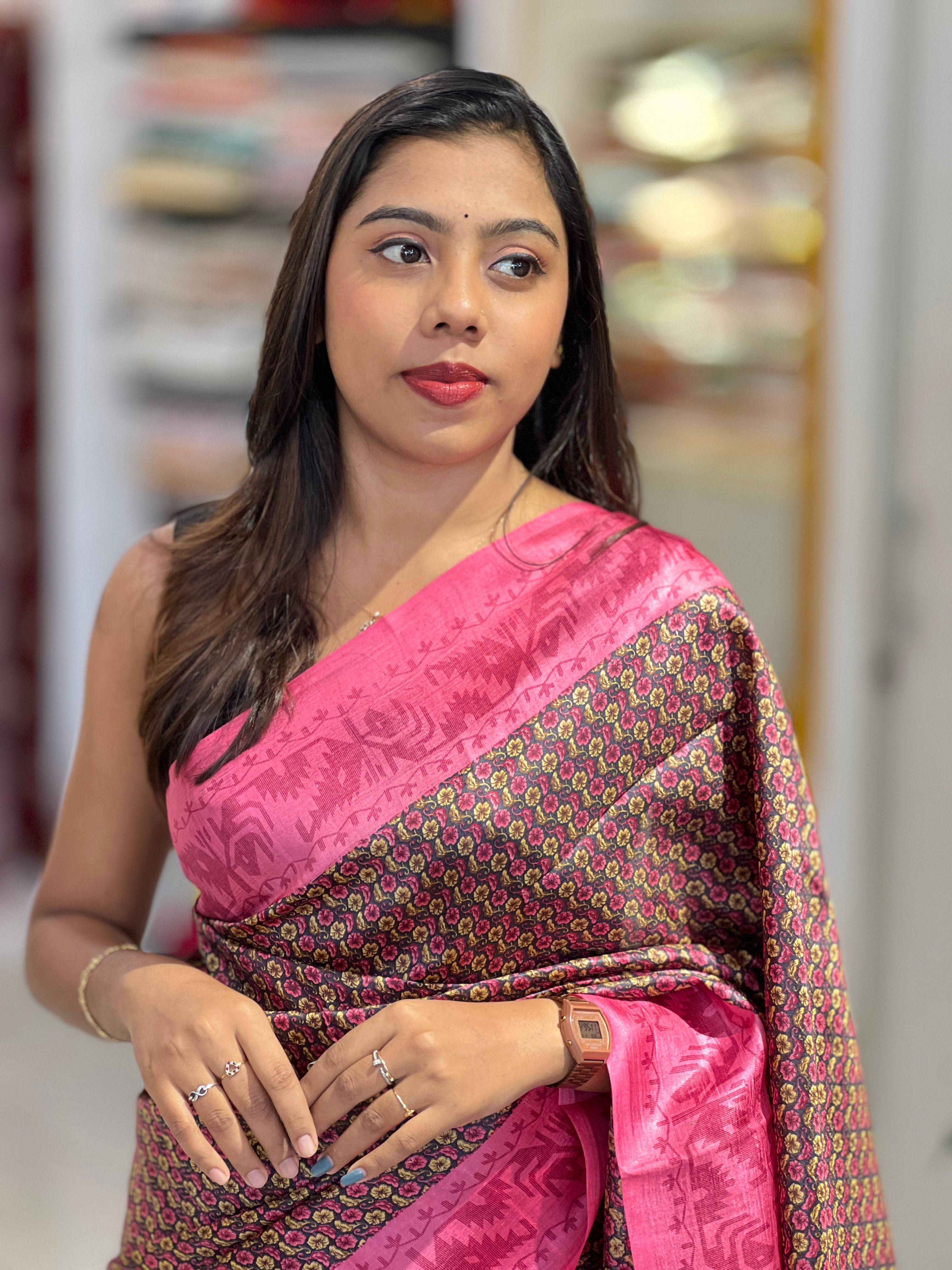 Floral Print Detailed Tussar Saree | NLM247