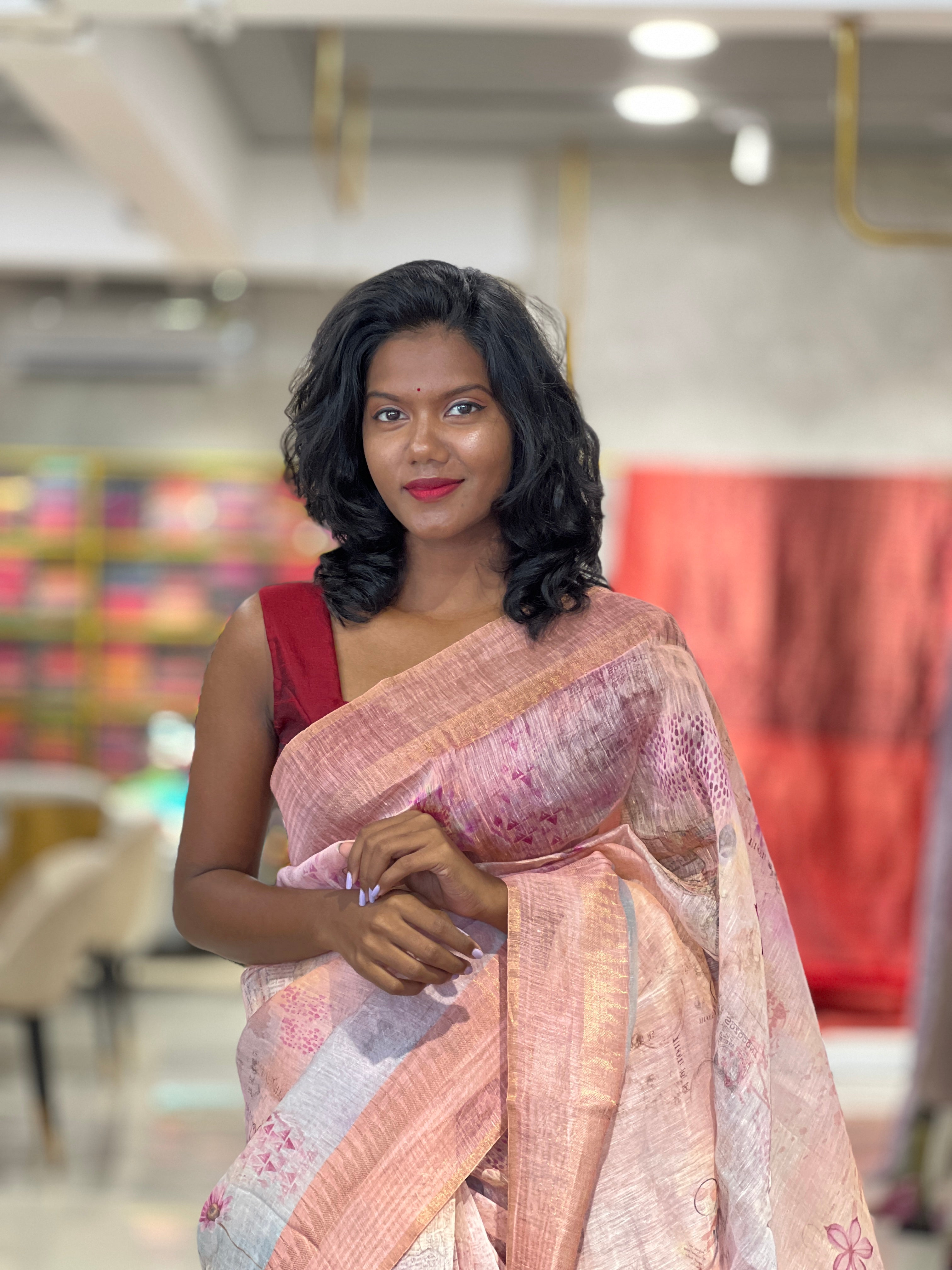 Floral Print Patterned Silk Linen Saree | NLM202