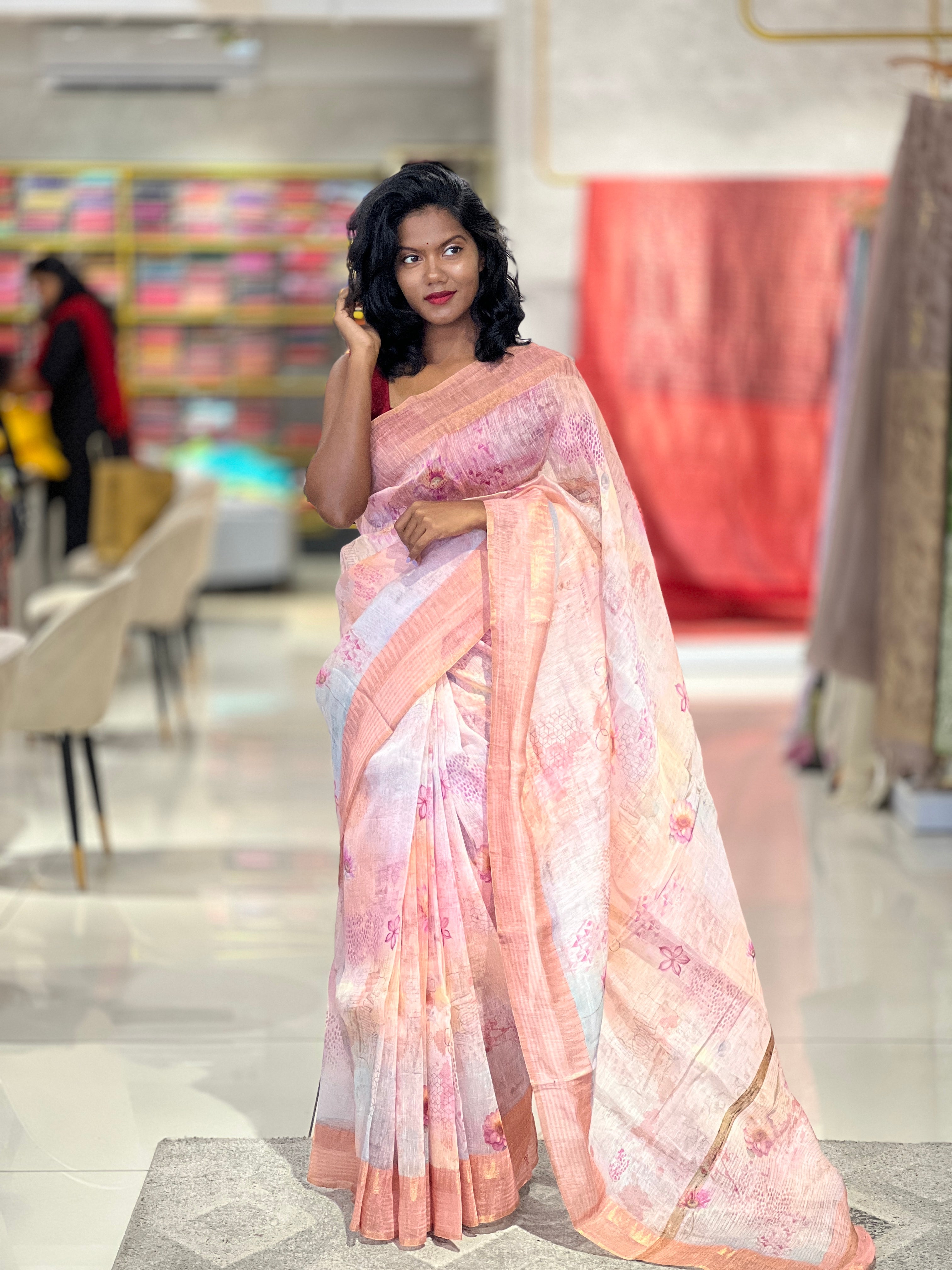 Floral Print Patterned Silk Linen Saree | NLM202