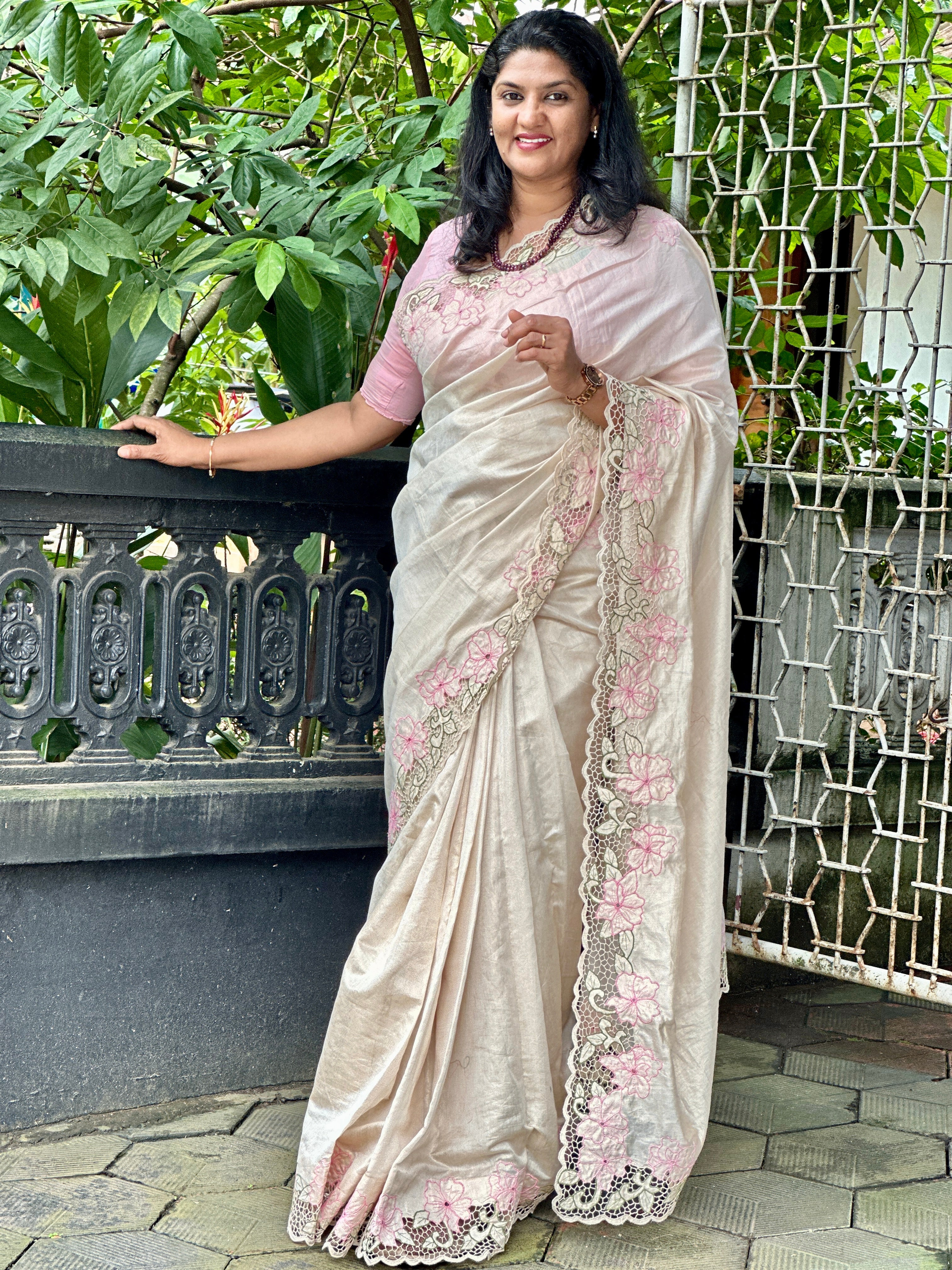 Twine Cut Work With Floral Embroidery Detailed Tissue Chanderi Saree | TC377
