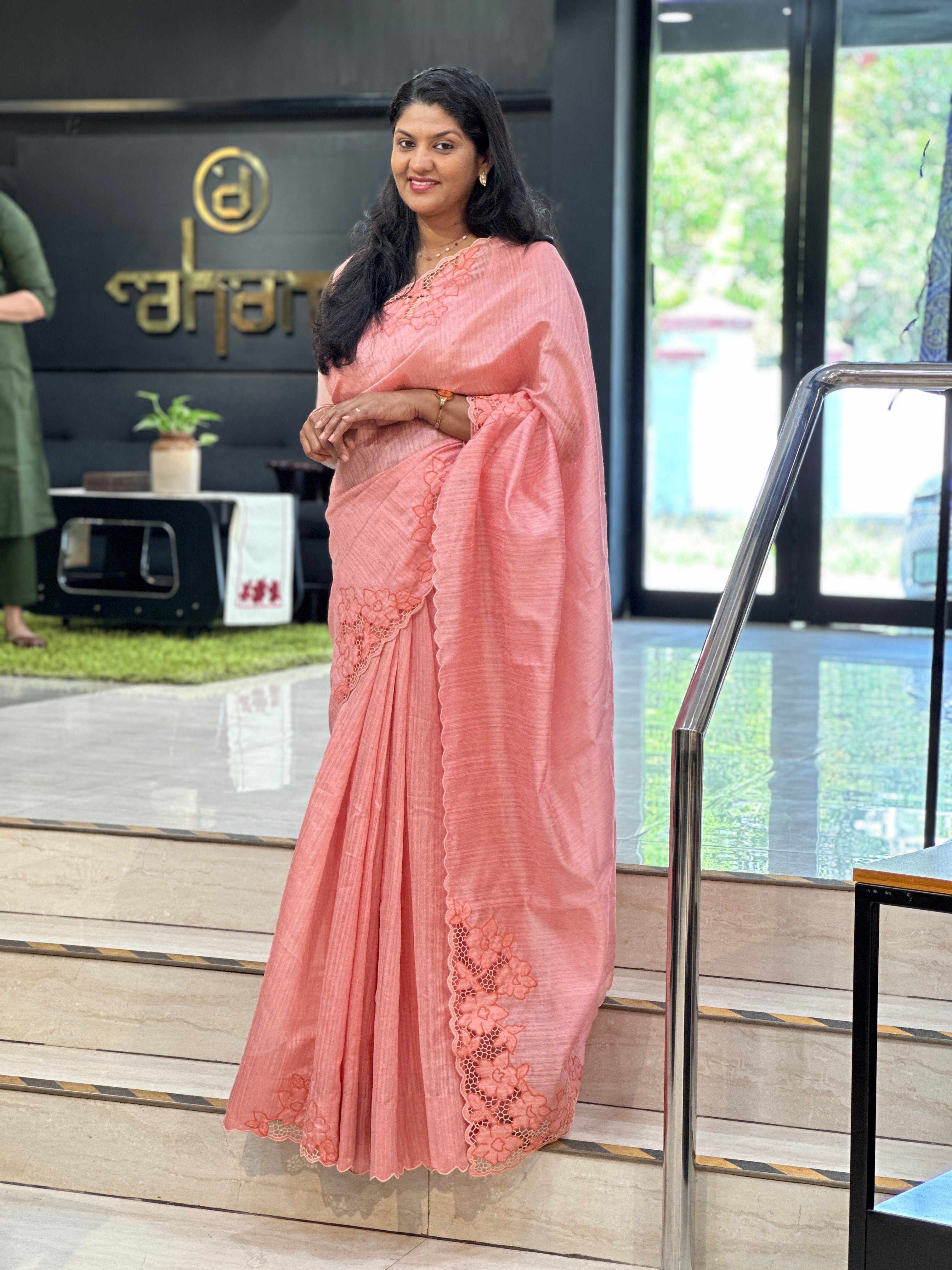 Twine Cutwork Placement Detailed Green Silk Saree | TC472