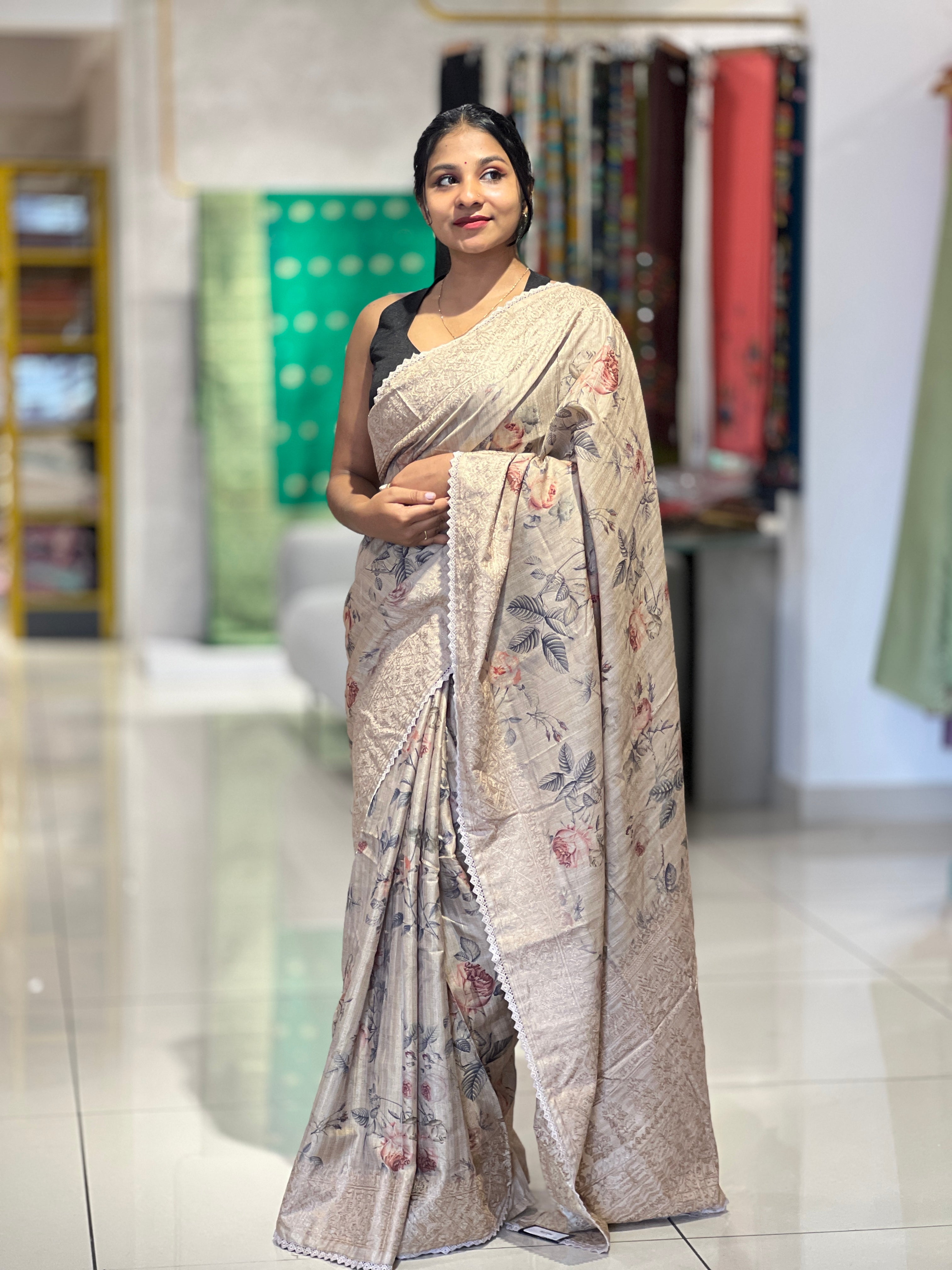 Floral Digital Printed Tussar Finish Saree | SUN302