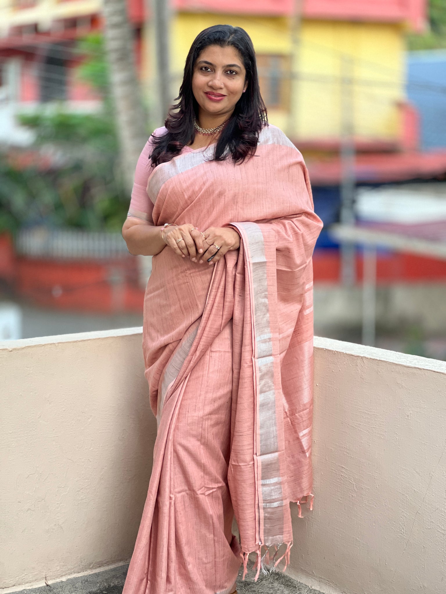 Pink Handmade Pure Linen Saree | Contrast Blouse | Silver Zari Border –  kihums clothing