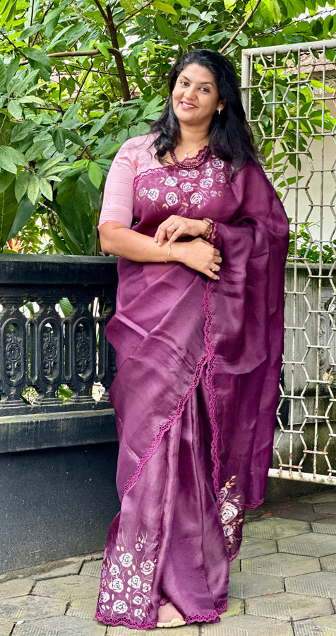 Twine Cut Work With Floral Hand Paint Detailed Silk Organza Saree | TC381