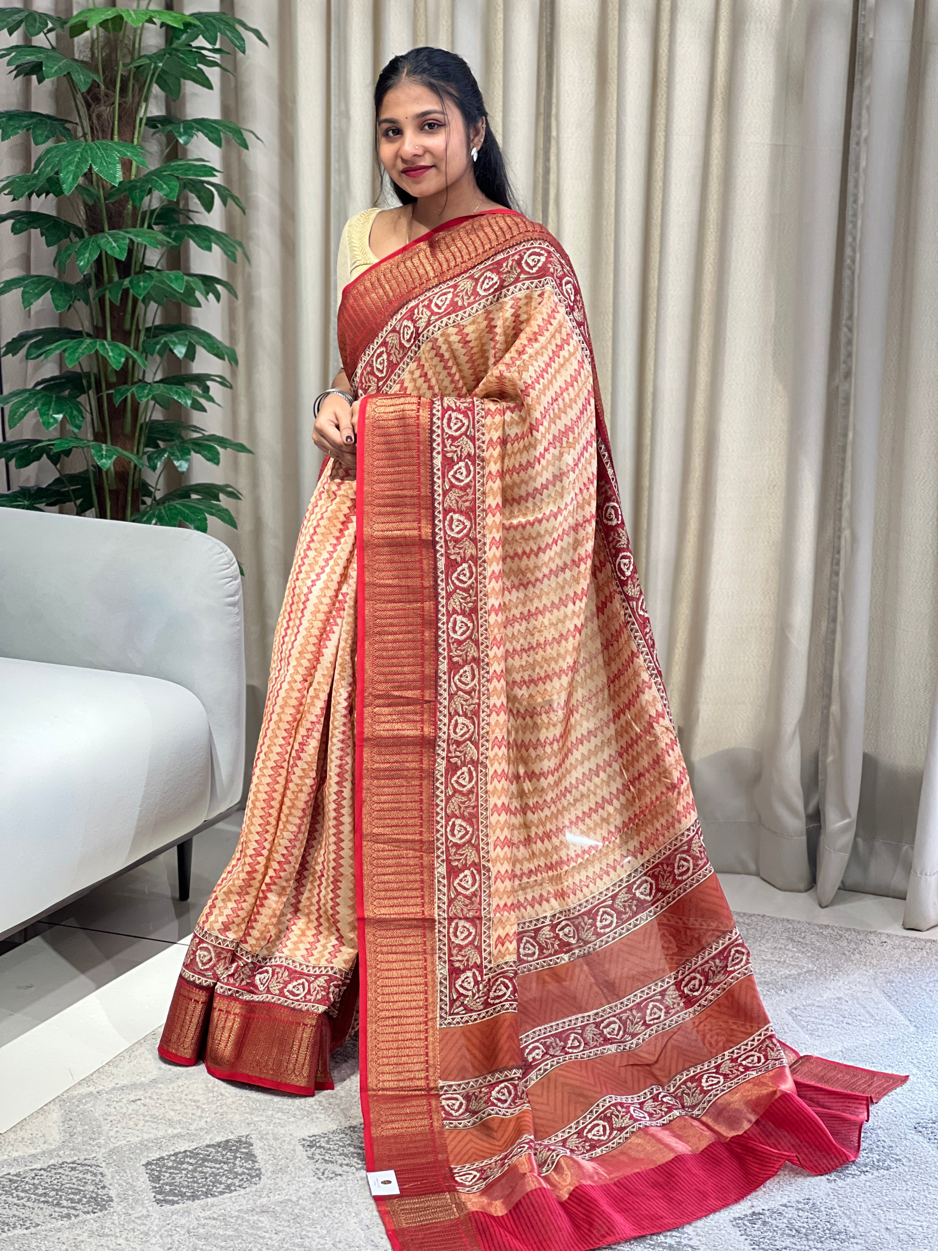 Zig Zag Printed Chanderi Saree | RGD800