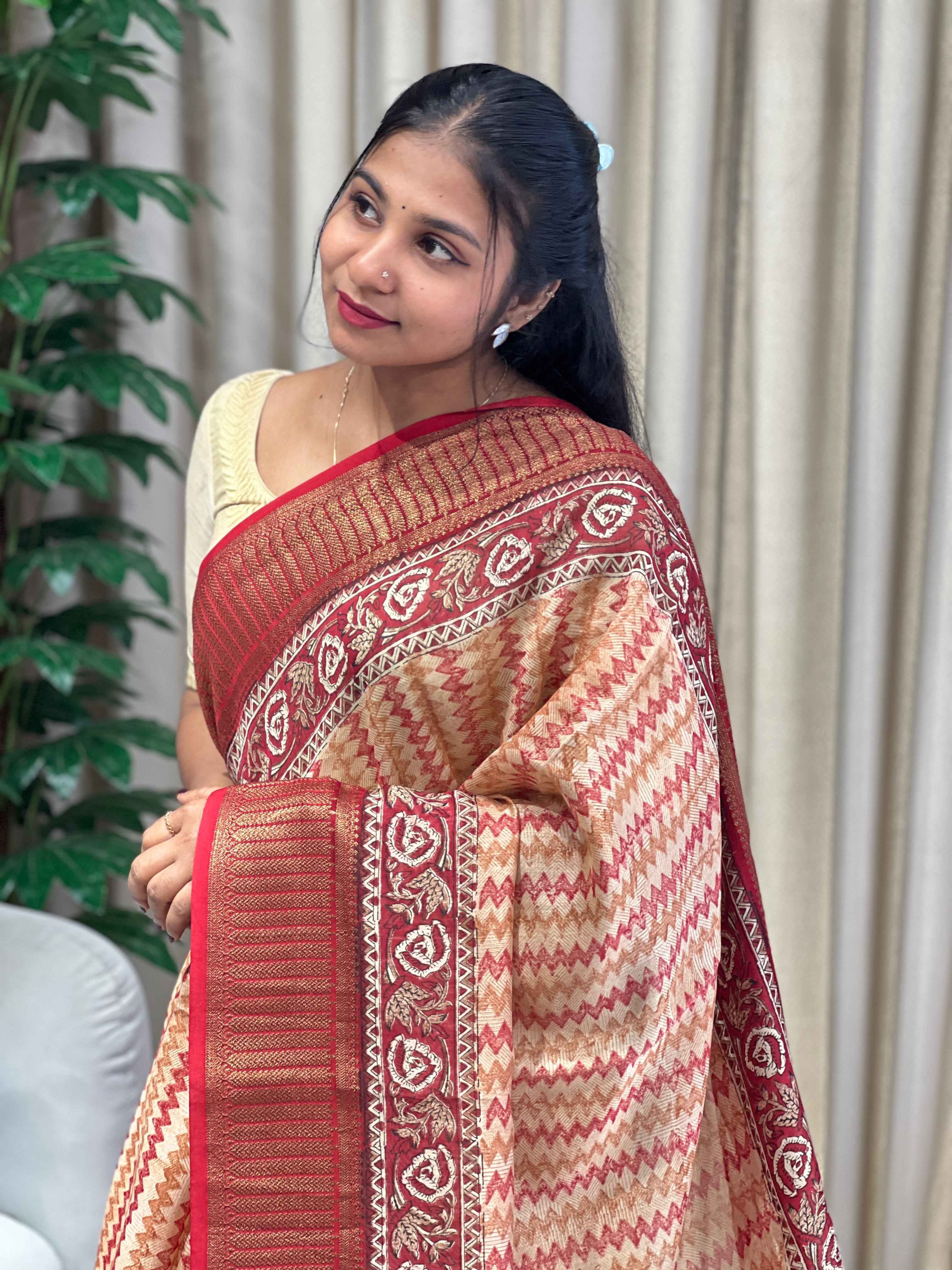 Zig Zag Printed Chanderi Saree | RGD800