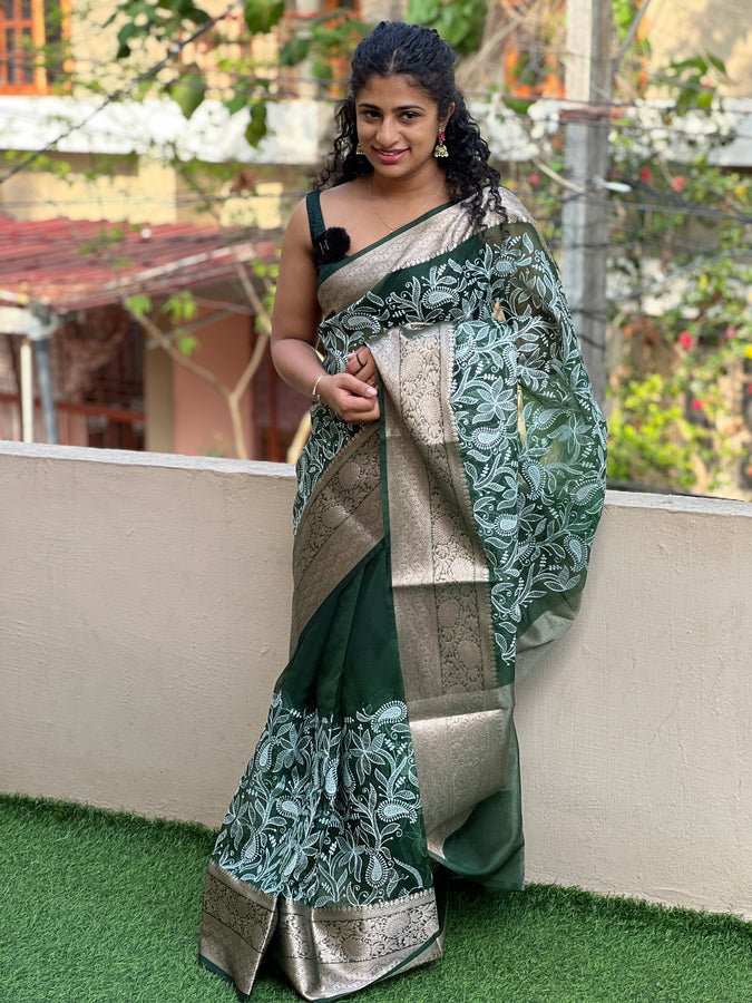 Dark Green Color Semi Organza Saree | AL151