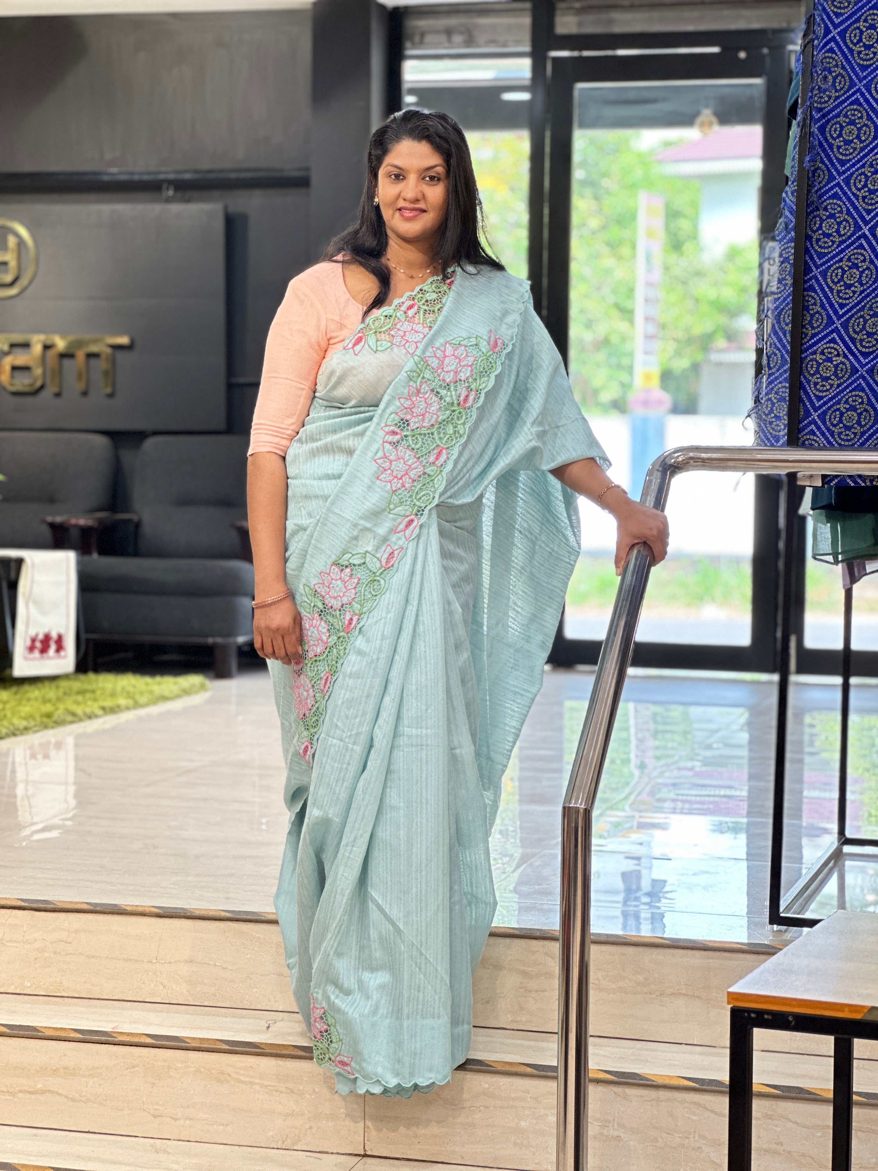 Twine Cut Work Placement Detailed Green Silk Saree | TC465