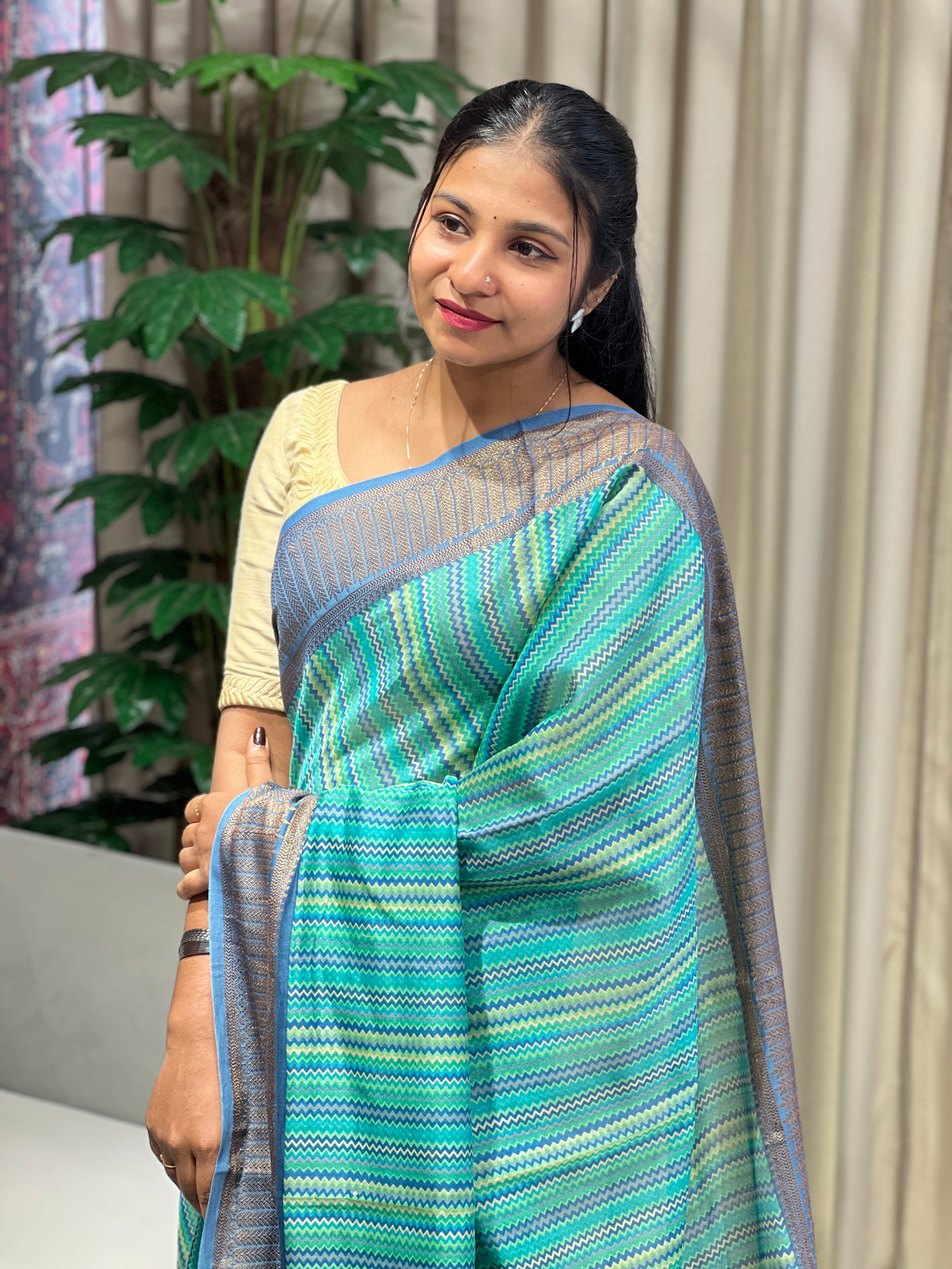 Zig Zag Printed Chanderi Saree | RGD794