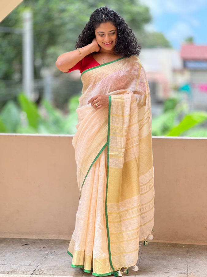 Golden Zari Border Linen Saree | SK329