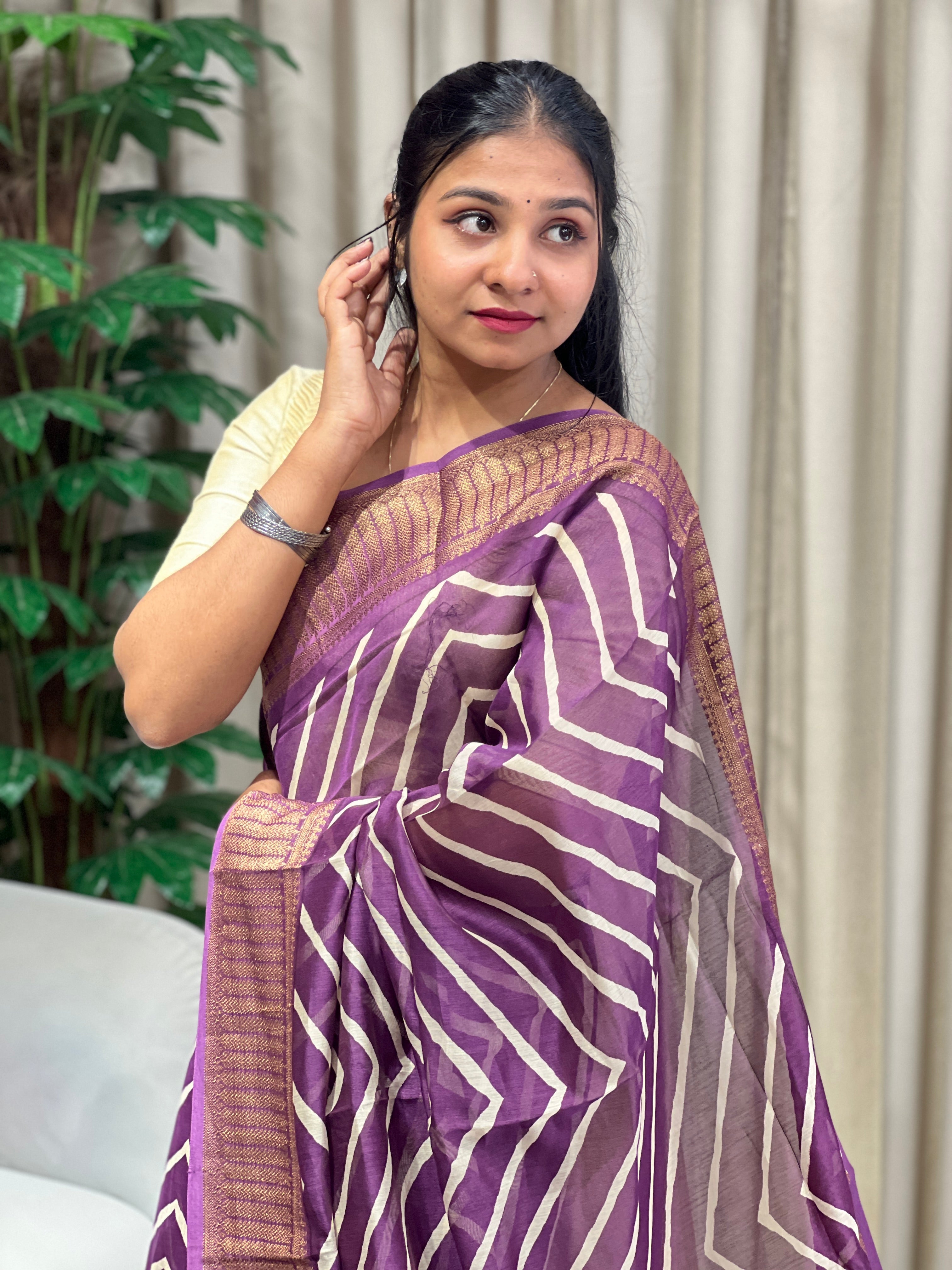 Zigzag Print With Banarasi Border Detailed Chanderi Saree | RGD788