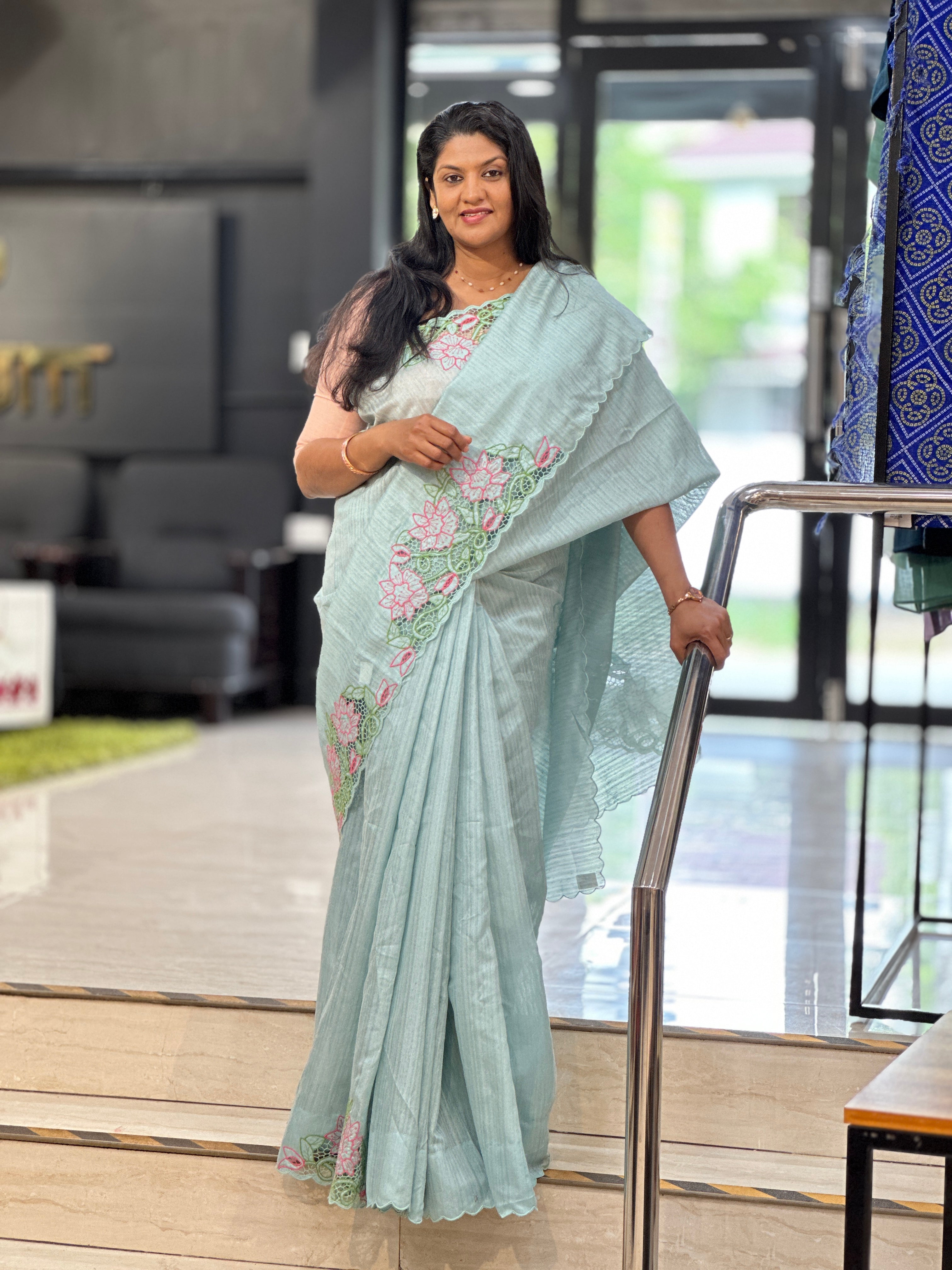 Twine Cut Work Placement Detailed Green Silk Saree | TC465