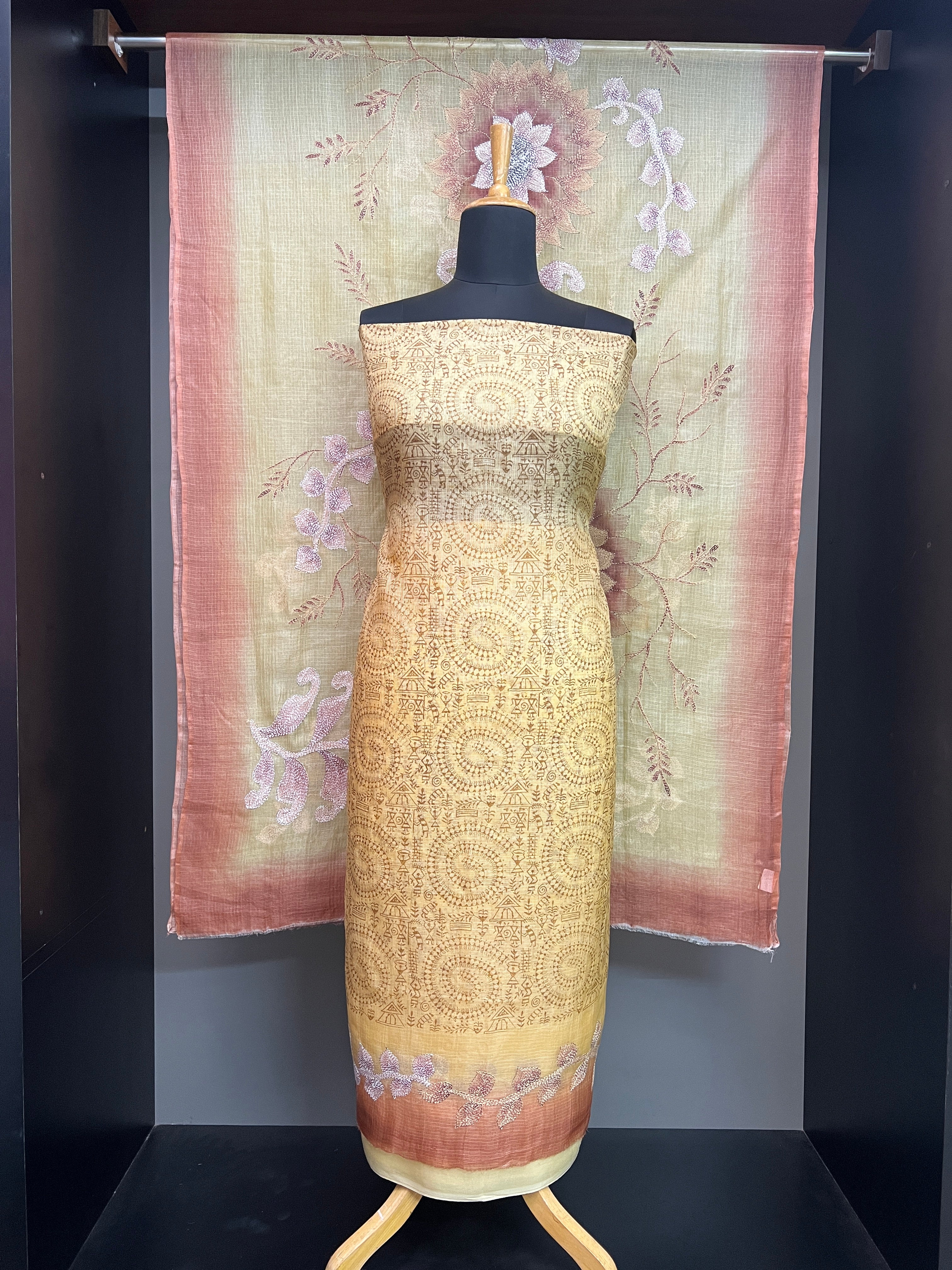 Print With Kantha Embroidery Detailed Silky Kota Salwar Set | SBS1423