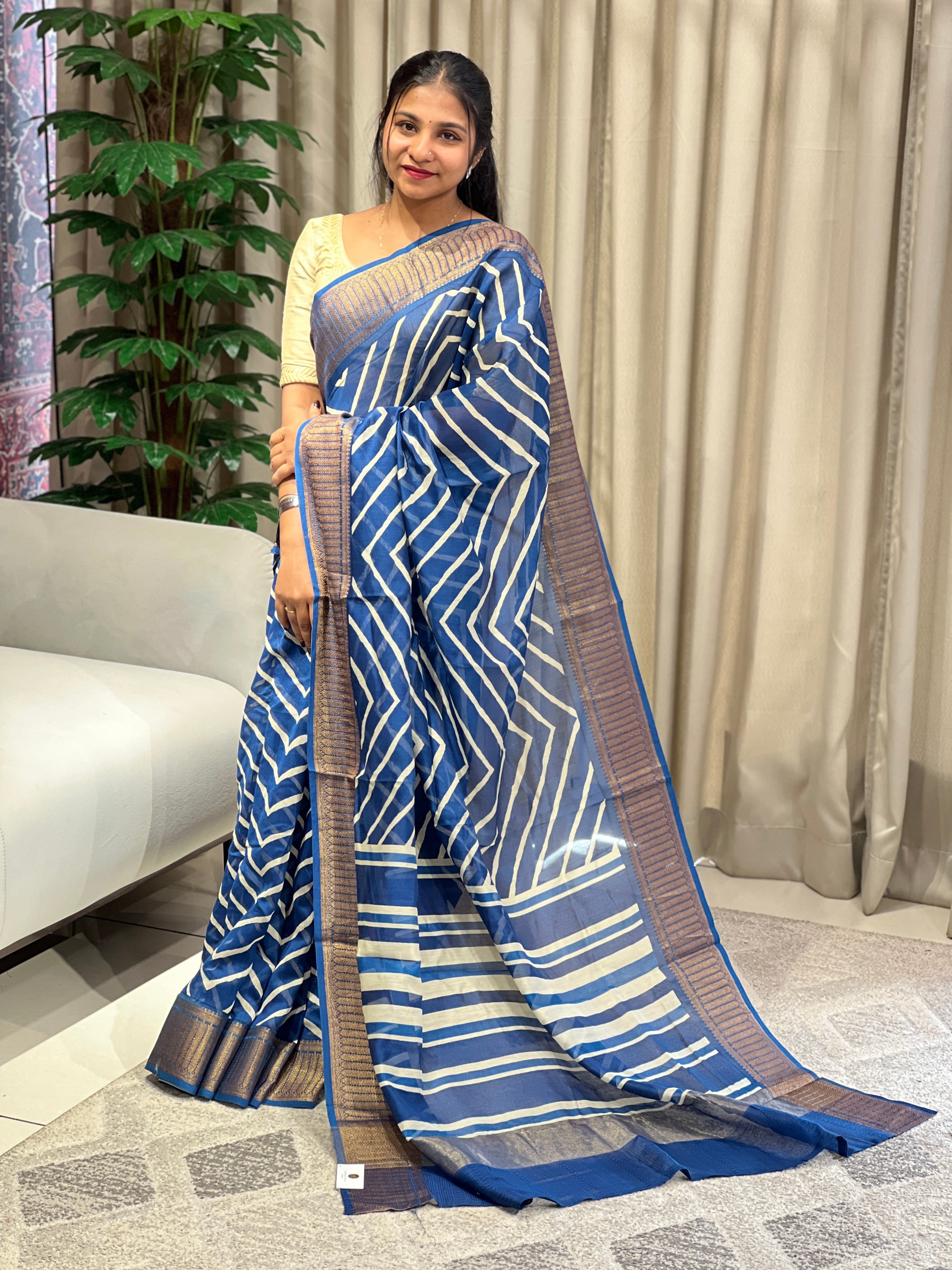 Zigzag Print With Banarasi Border Detailed Chanderi Saree | RGD791