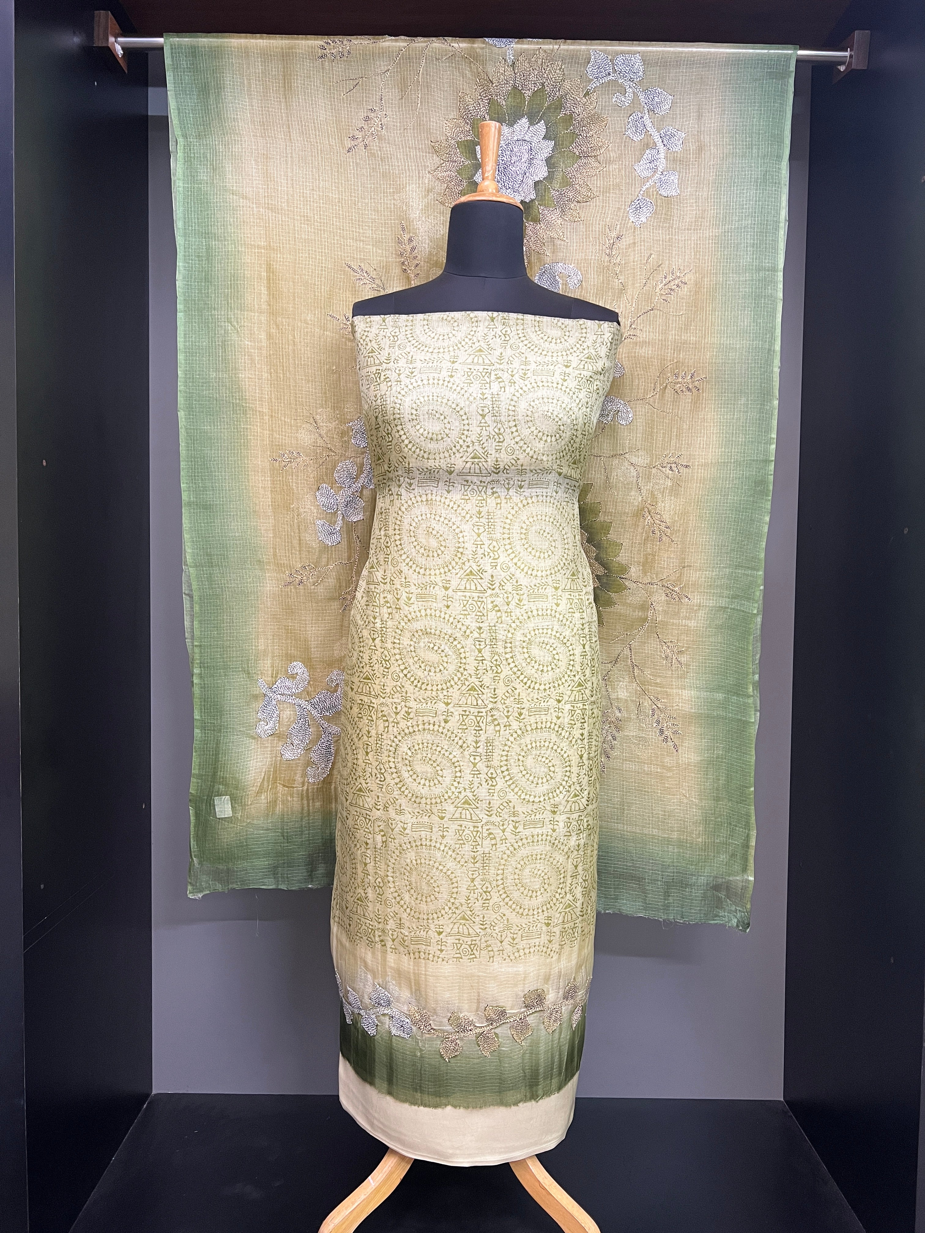 Print With Kantha Embroidery Detailed Silky Kota Salwar Set | SBS1424