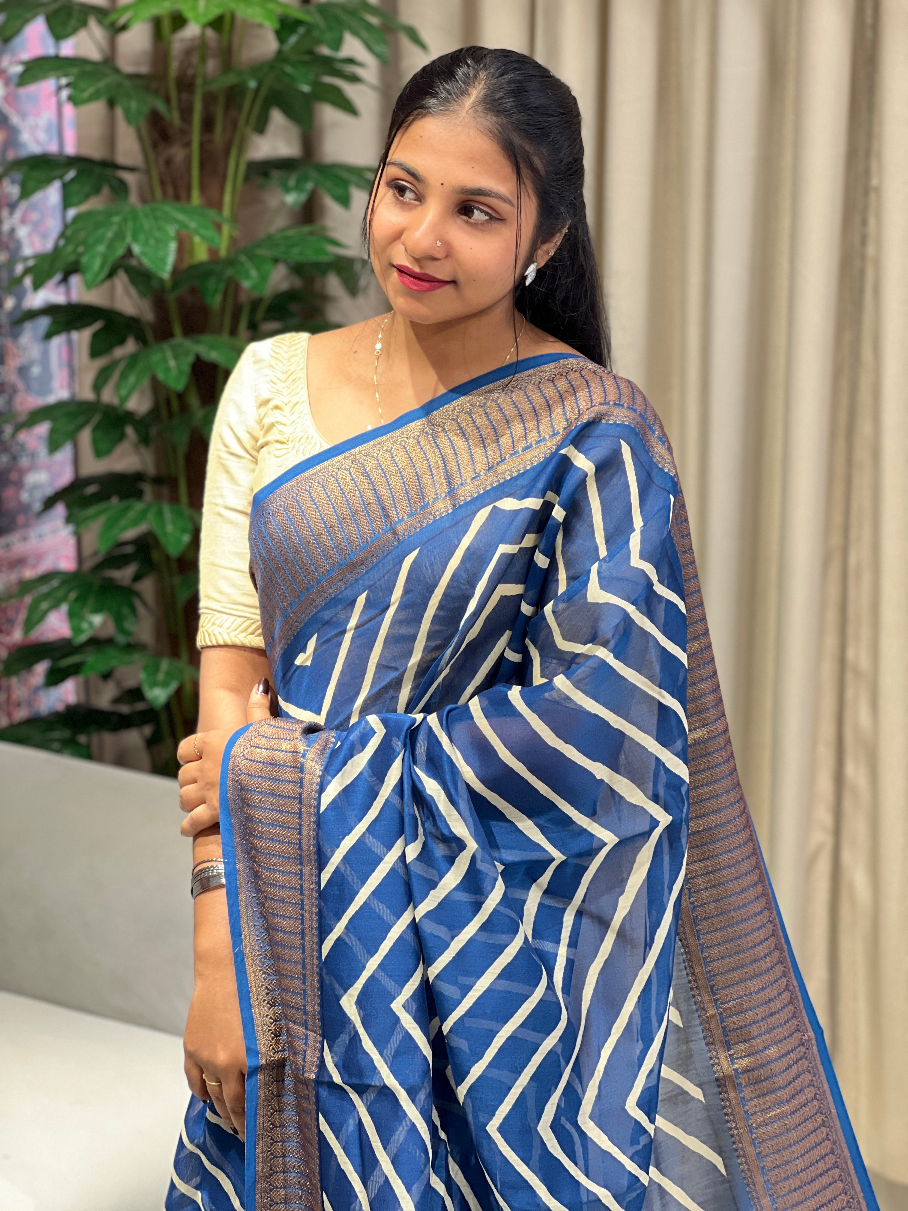 Zigzag Print With Banarasi Border Detailed Chanderi Saree | RGD791