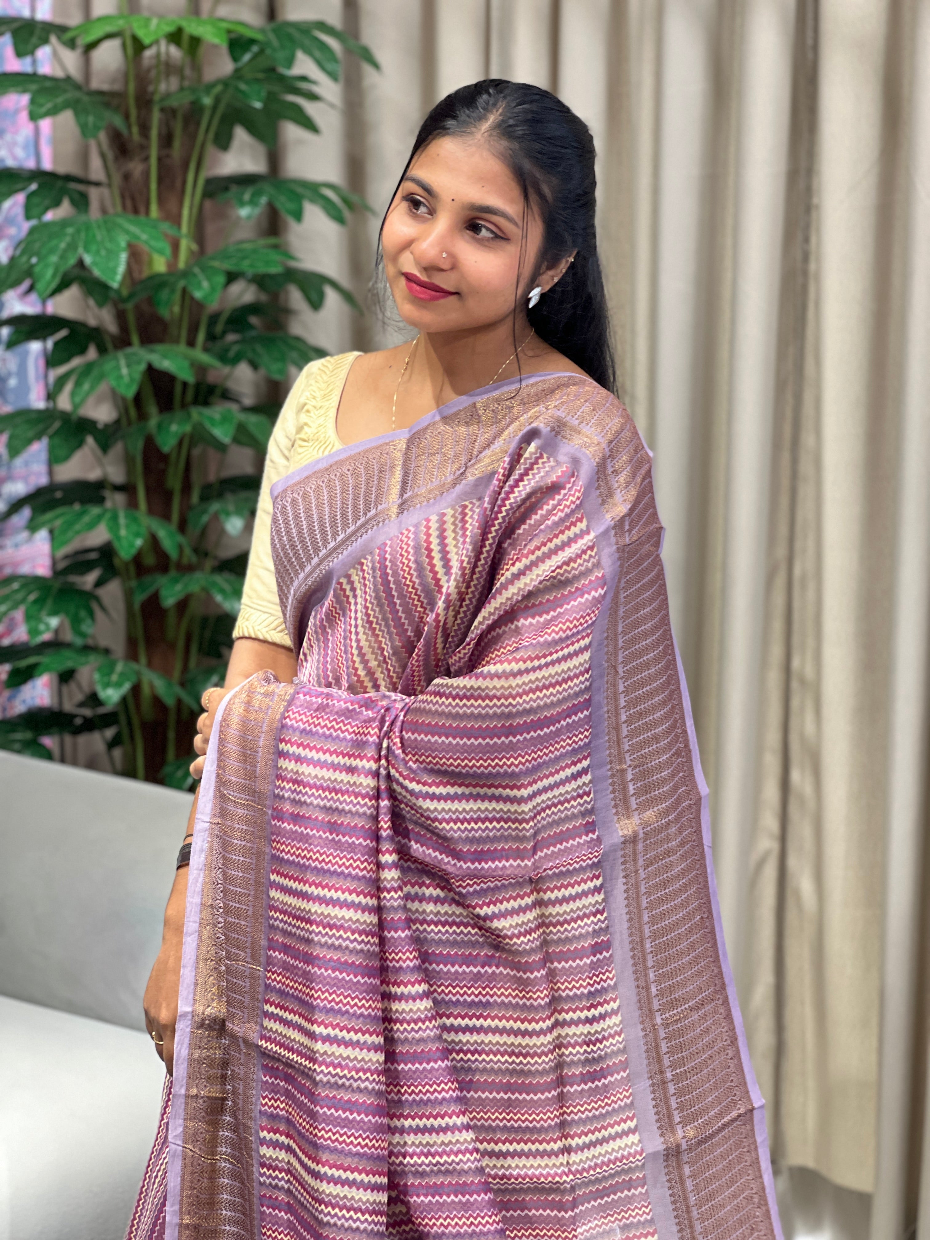 Zig Zag Printed Chanderi Saree | RGD793