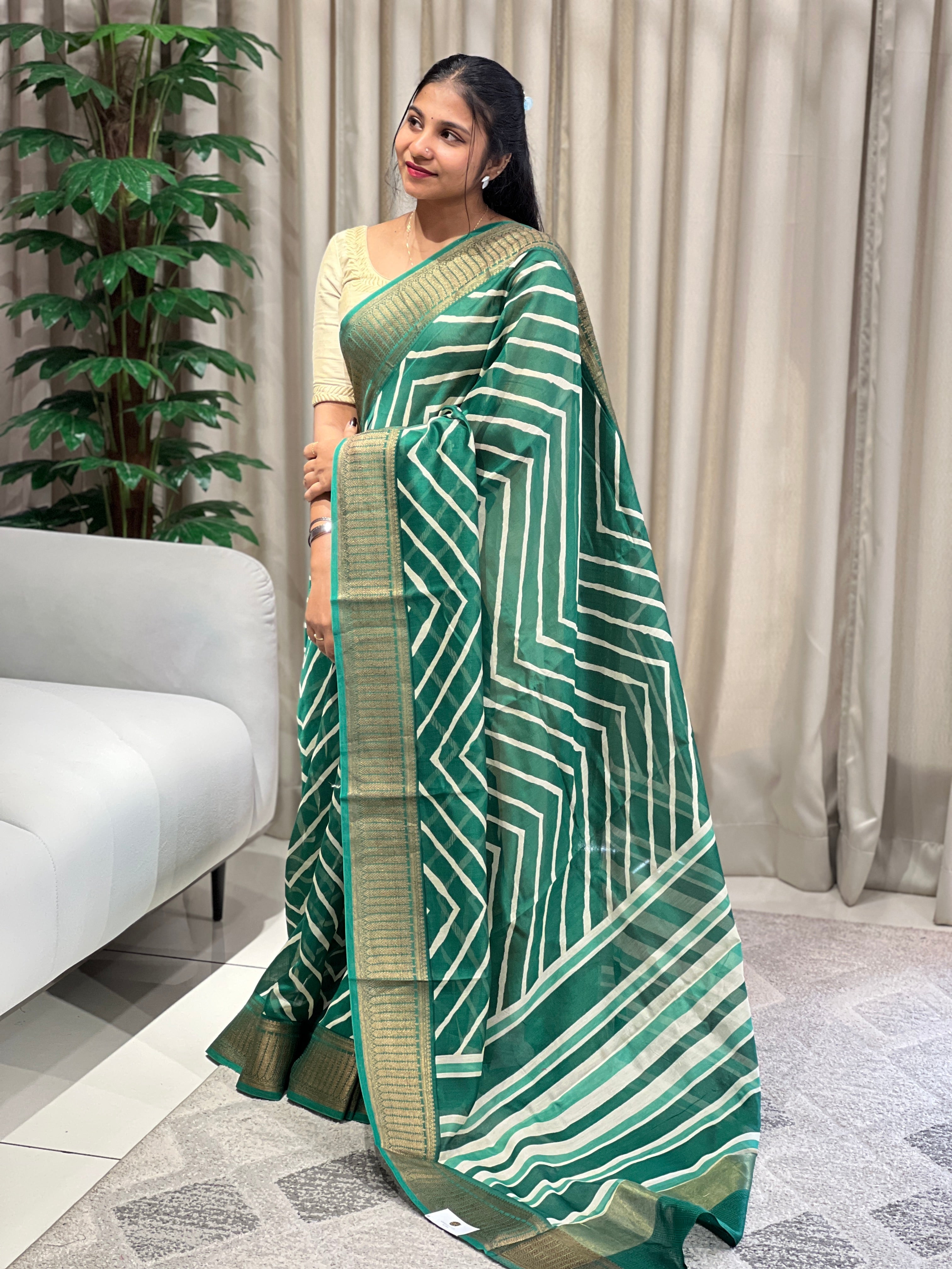 Zigzag Print With Banarasi Border Detailed Chanderi Saree | RGD789