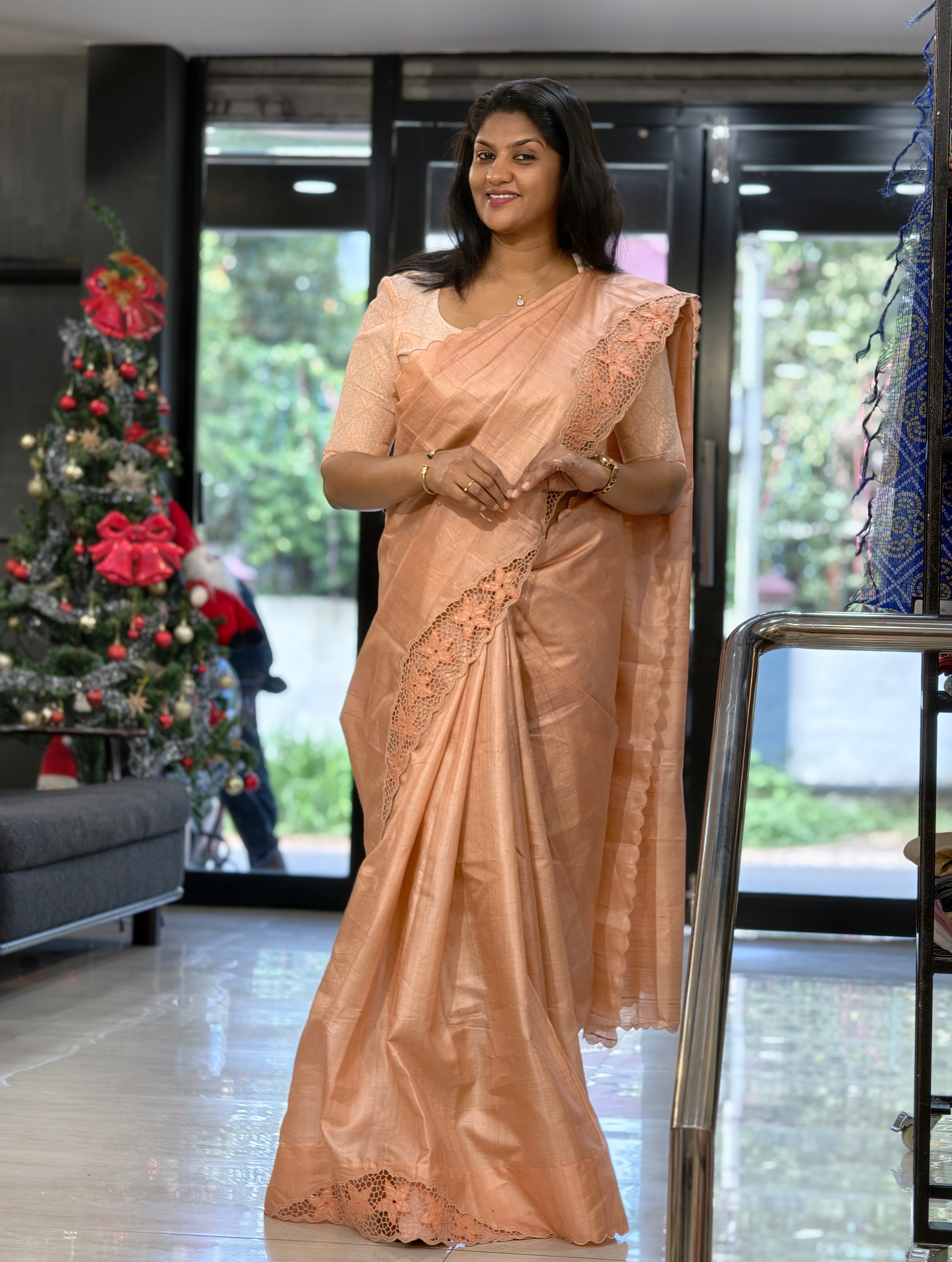 Twine Cut Work Placement Embroidered Desi Tussar Saree | TC463