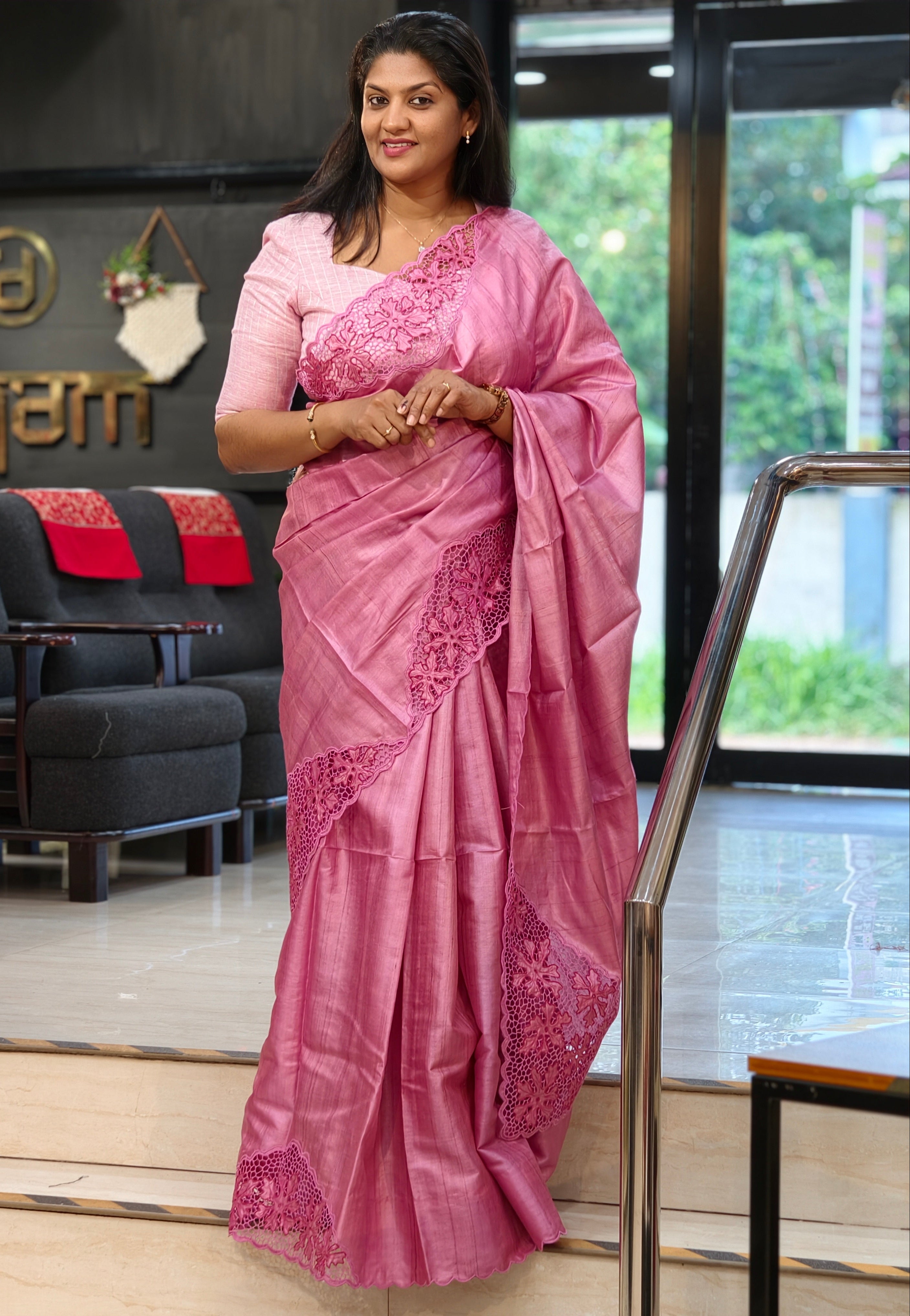 Twine Cut Work Placement Embroidered Desi Tussar Saree | TC464