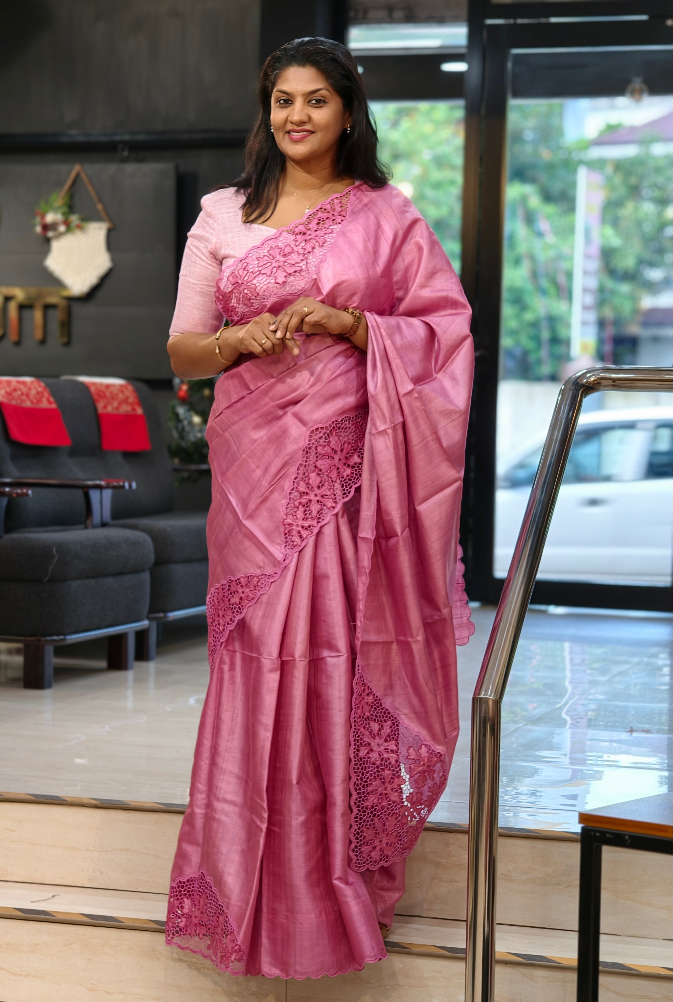 Twine Cut Work Placement Embroidered Desi Tussar Saree | TC464