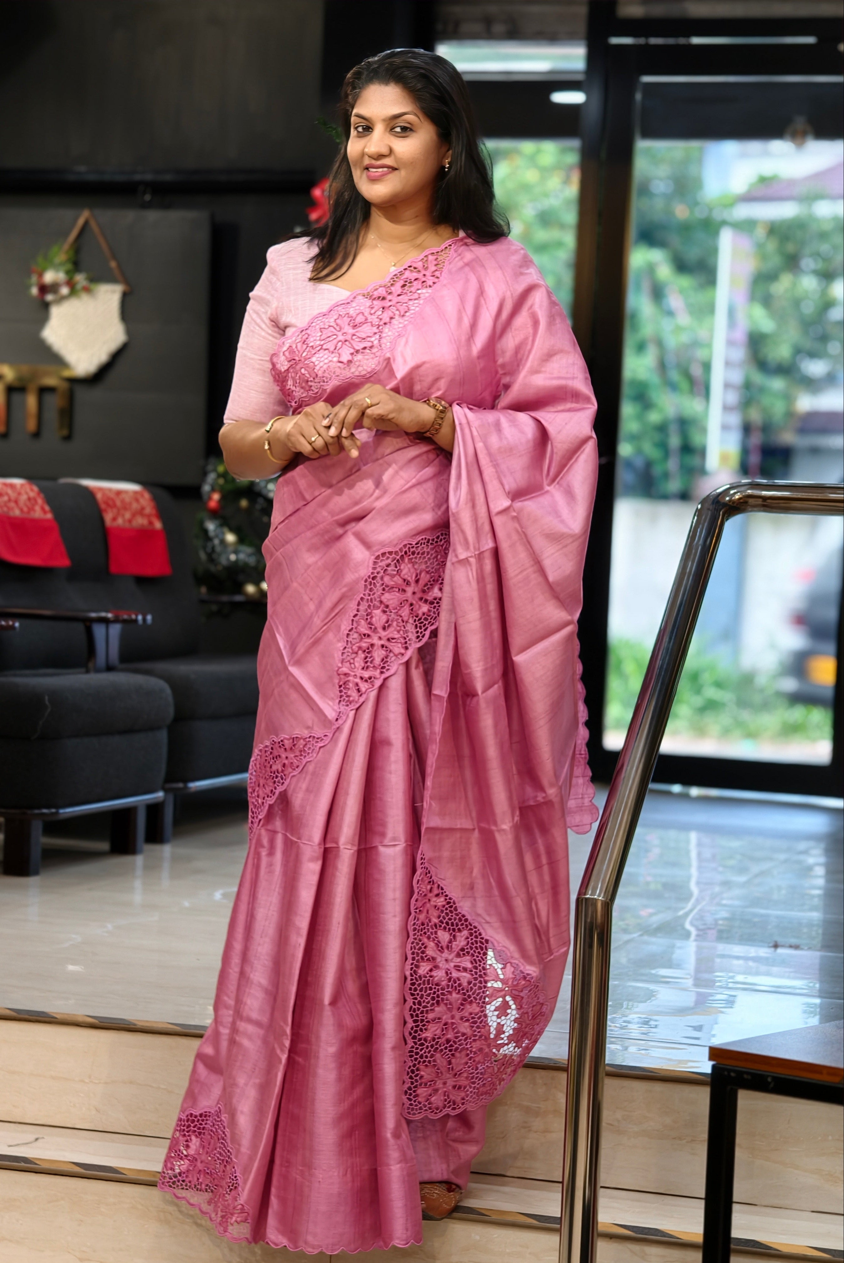 Twine Cut Work Placement Embroidered Desi Tussar Saree | TC464