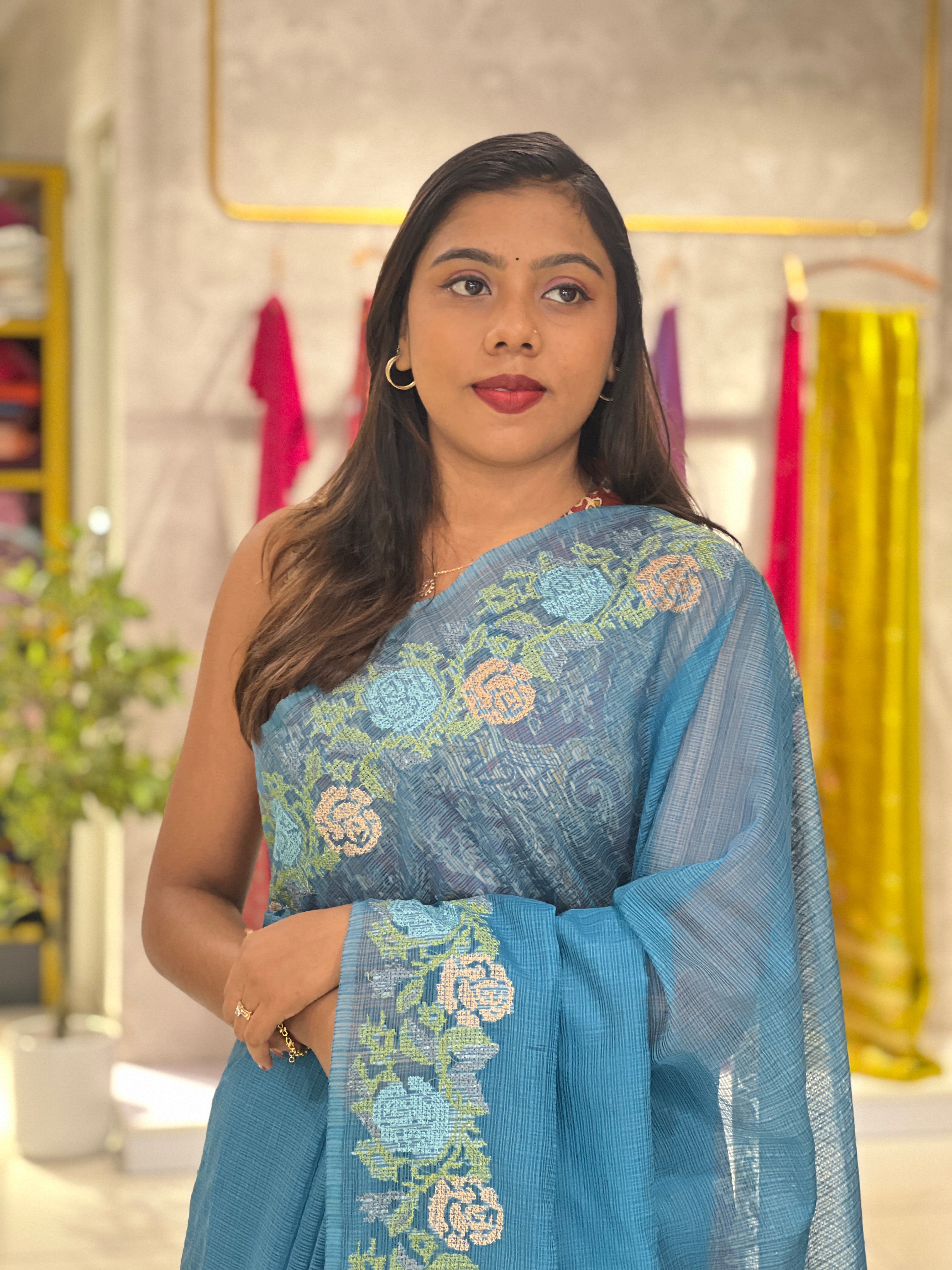 Cross Stitch Embroidery Silky Kota Saree | NHH602